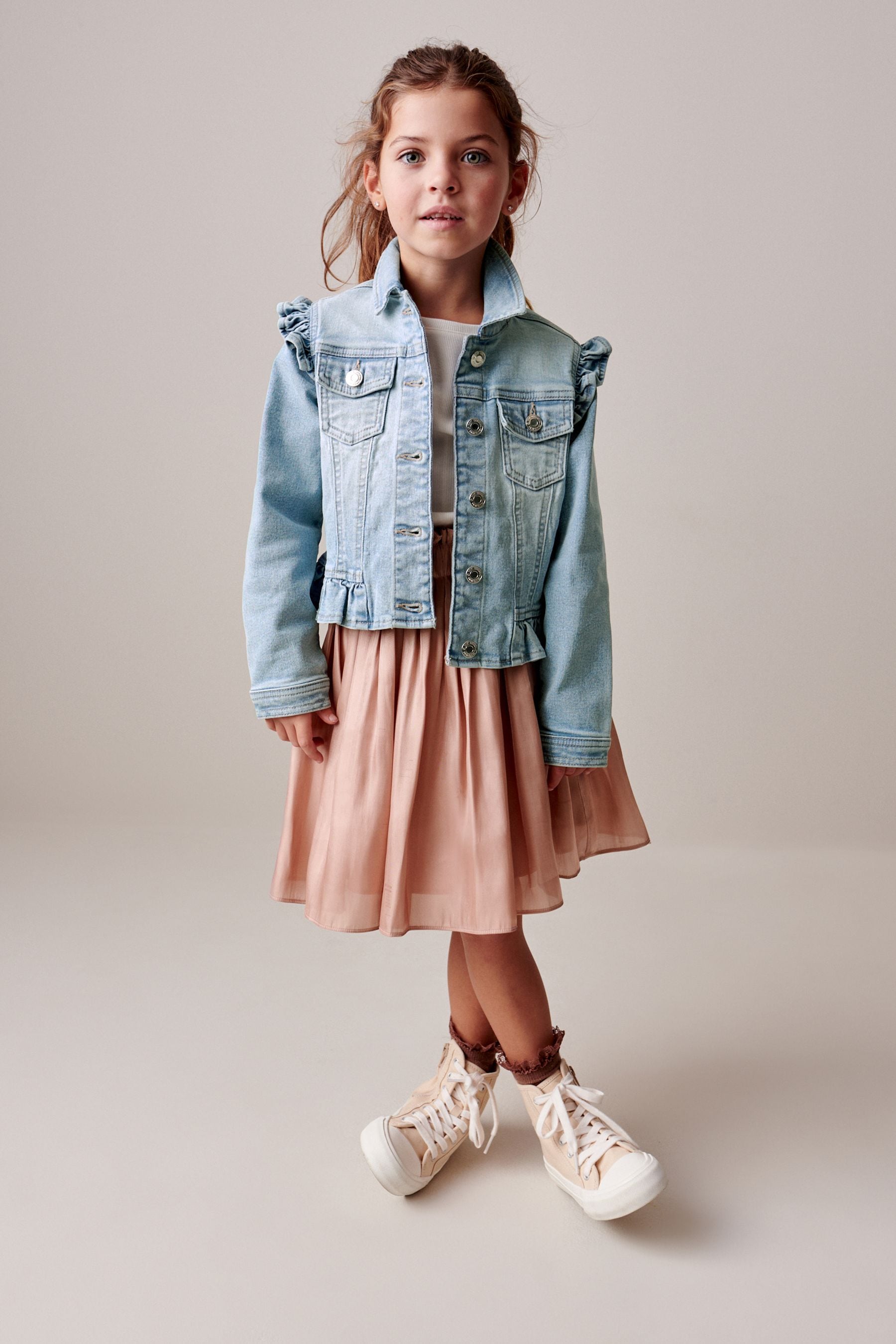 Mid Blue 100% Cotton Frill Shoulder Denim Jacket (3-16yrs)