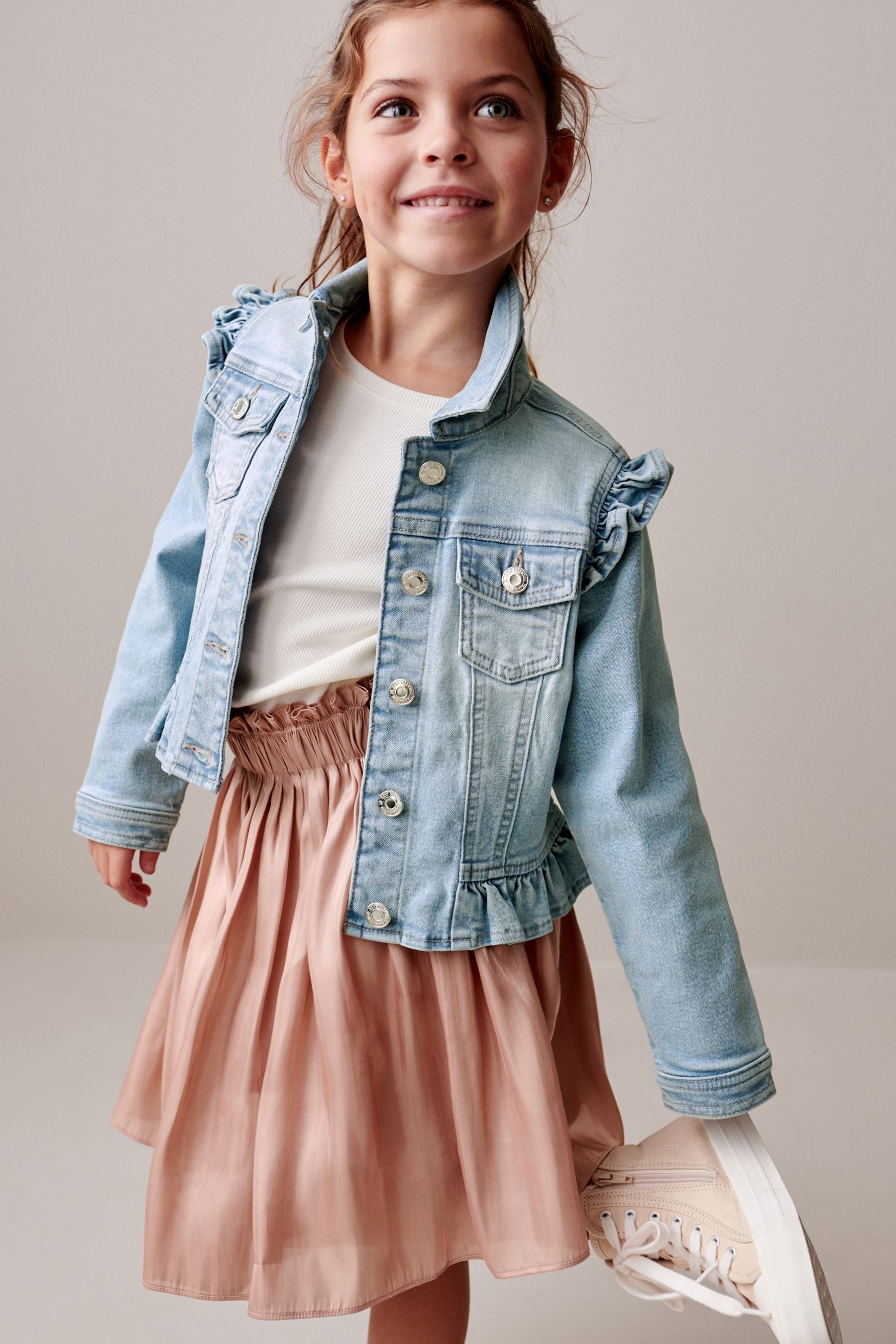 Mid Blue 100% Cotton Frill Shoulder Denim Jacket (3-16yrs)