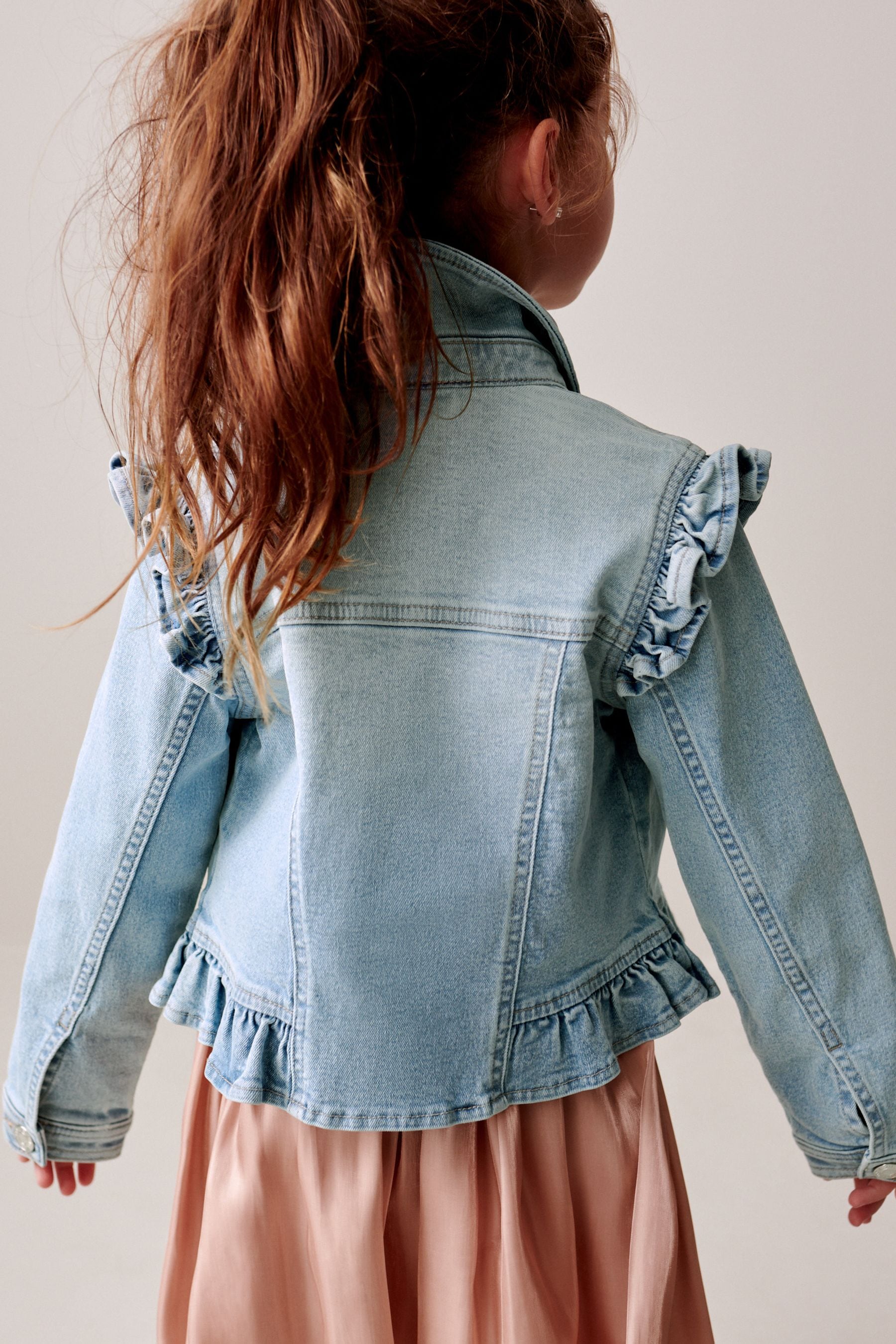 Mid Blue 100% Cotton Frill Shoulder Denim Jacket (3-16yrs)