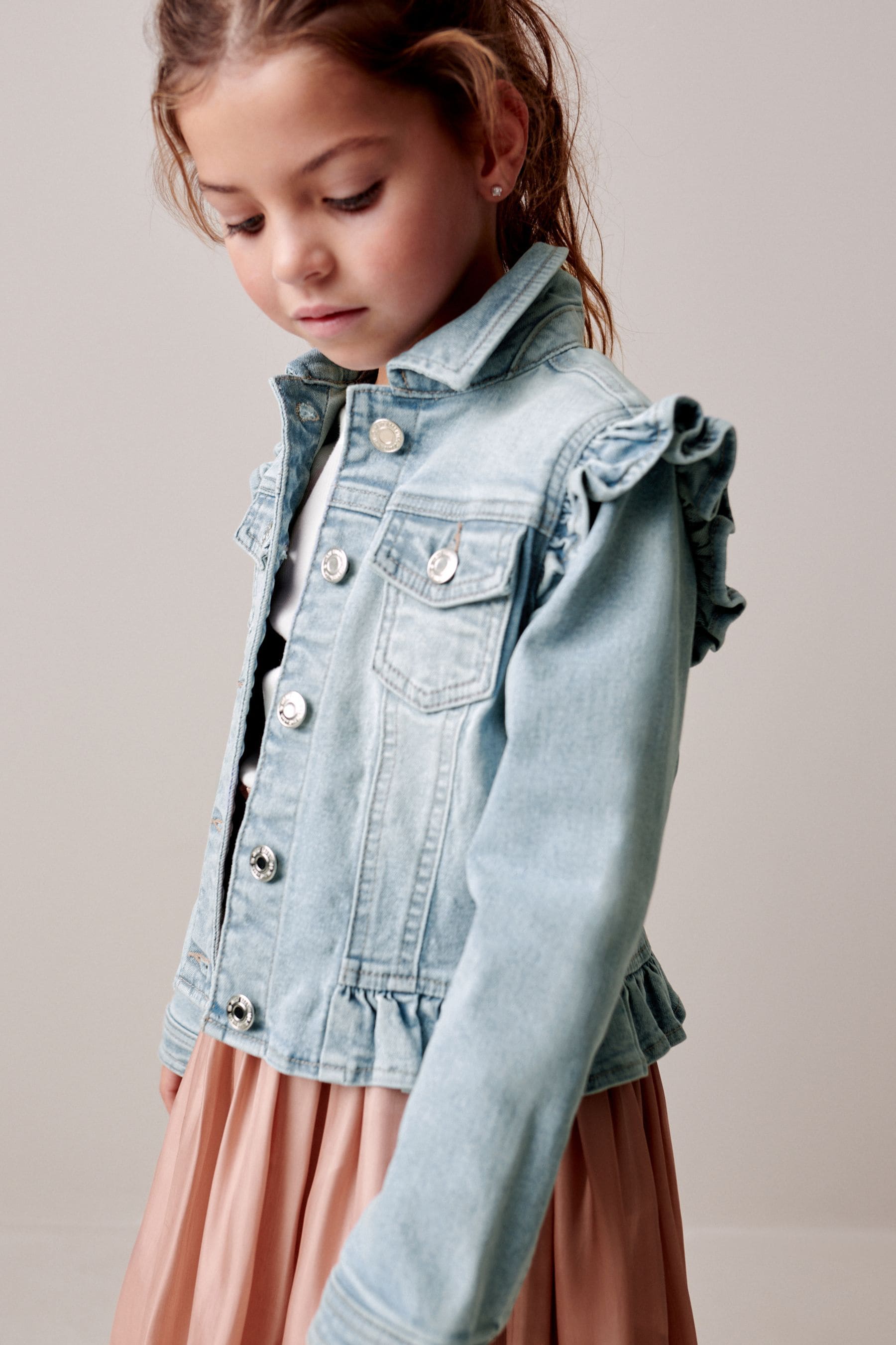 Mid Blue 100% Cotton Frill Shoulder Denim Jacket (3-16yrs)