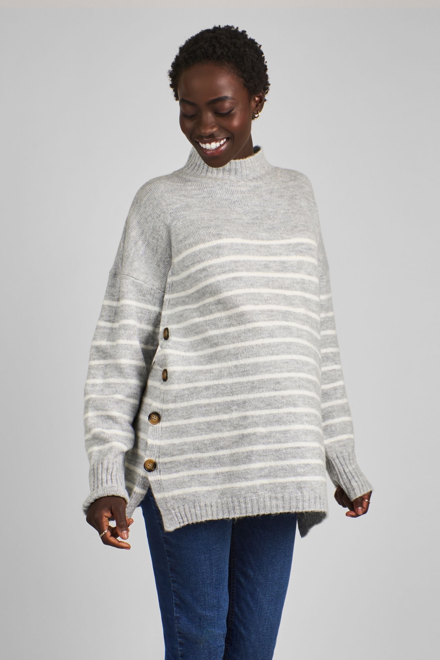 Marl Grey & Ecru Cream Stripe JoJo Maman Bébé Turtle Neck Maternity & Nursing Jumper