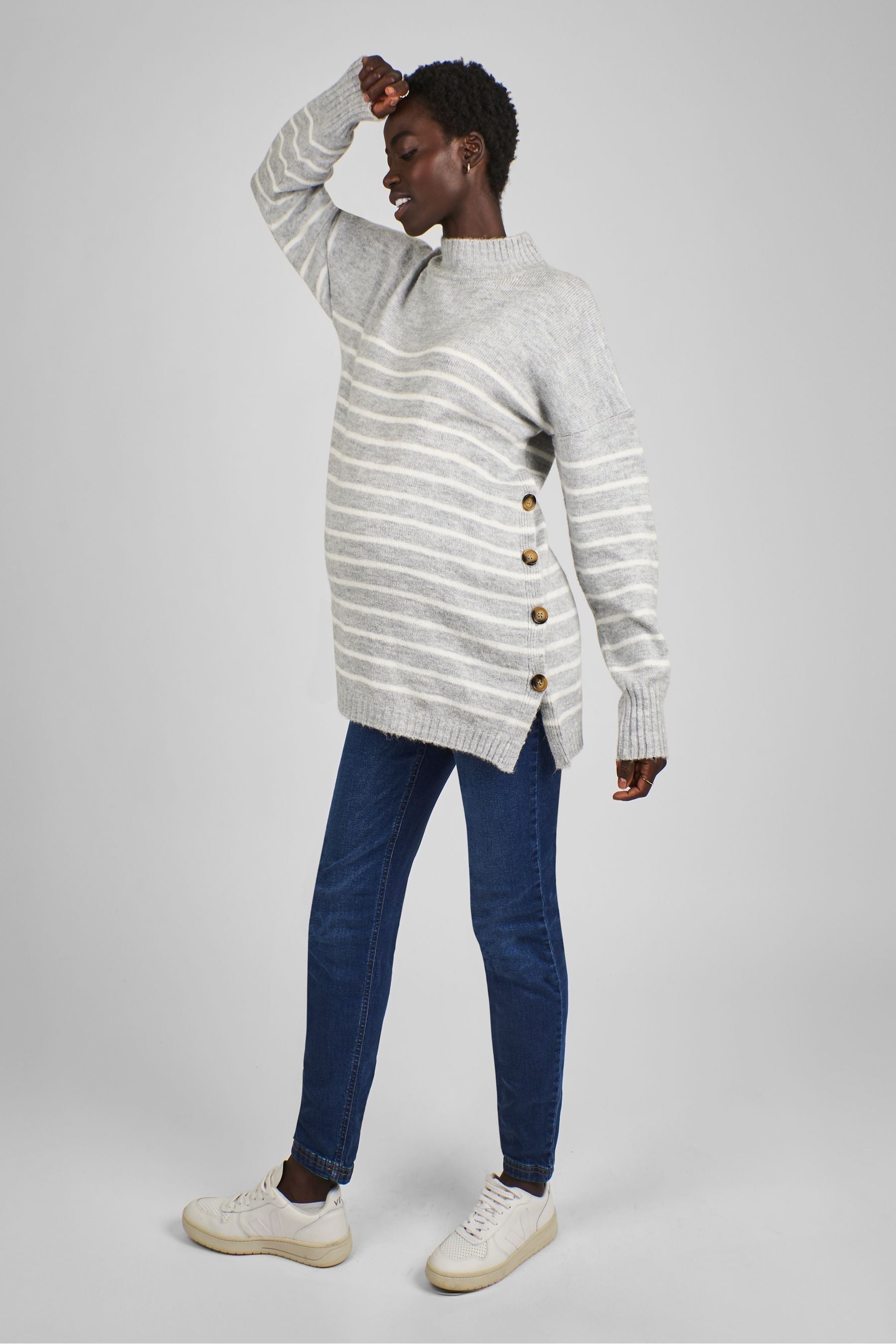 Marl Grey & Ecru Cream Stripe JoJo Maman Bébé Turtle Neck Maternity & Nursing Jumper