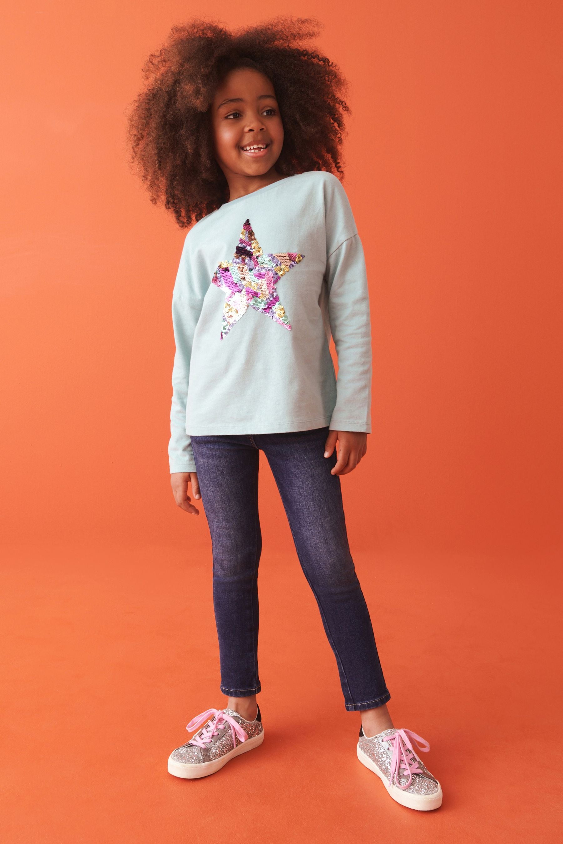 Teal Blue Sequin Star Long Sleeve T-Shirt (3-16yrs)