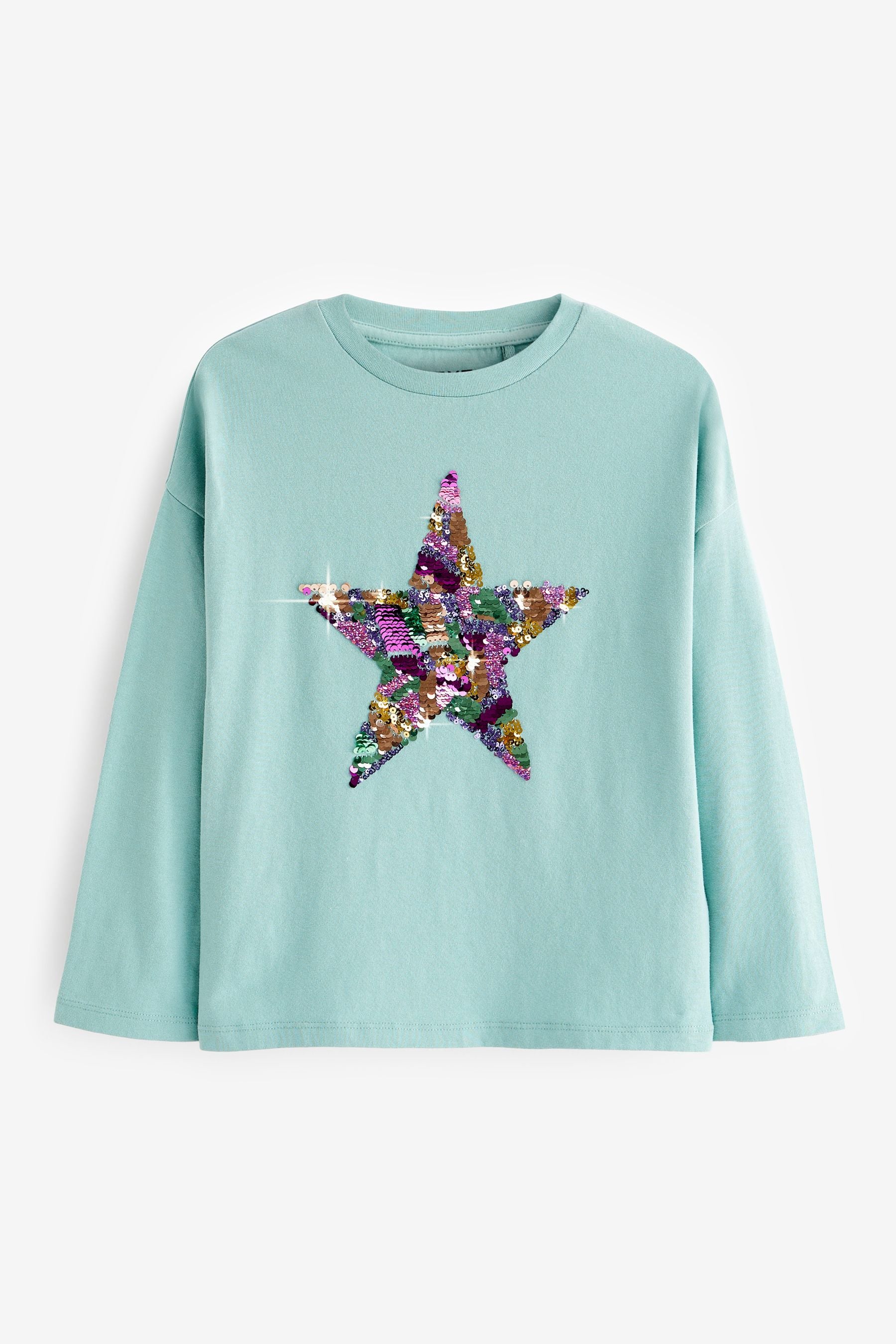 Teal Blue Sequin Star Long Sleeve T-Shirt (3-16yrs)