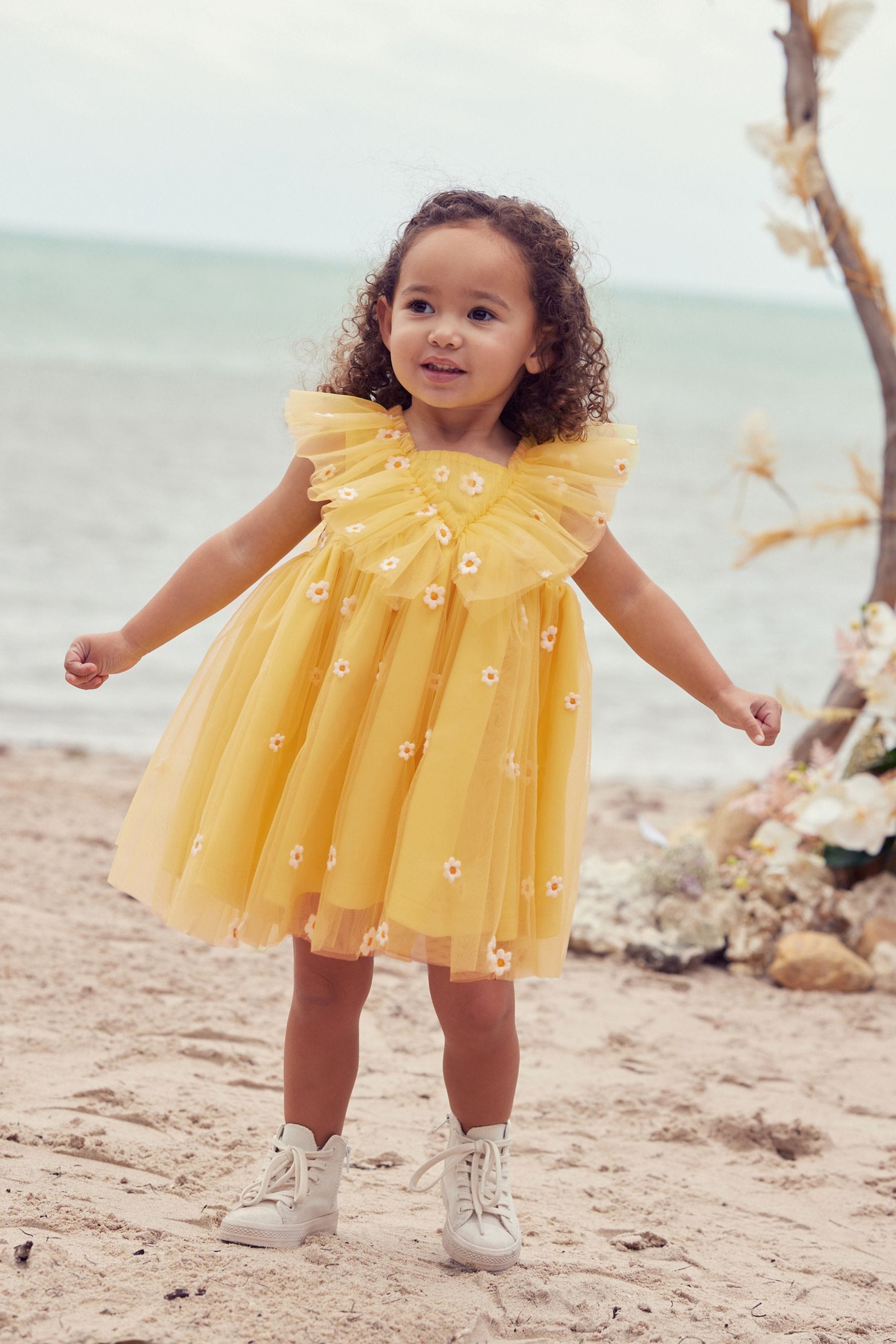 Yellow Daisy Embroidered Ruffle Mesh Dress (3mths-10yrs)