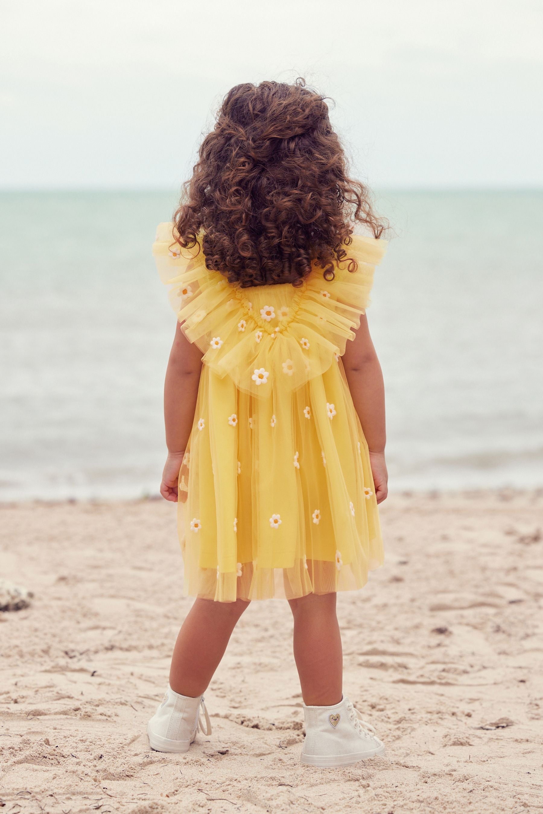 Yellow Daisy Embroidered Ruffle Mesh Dress (3mths-10yrs)