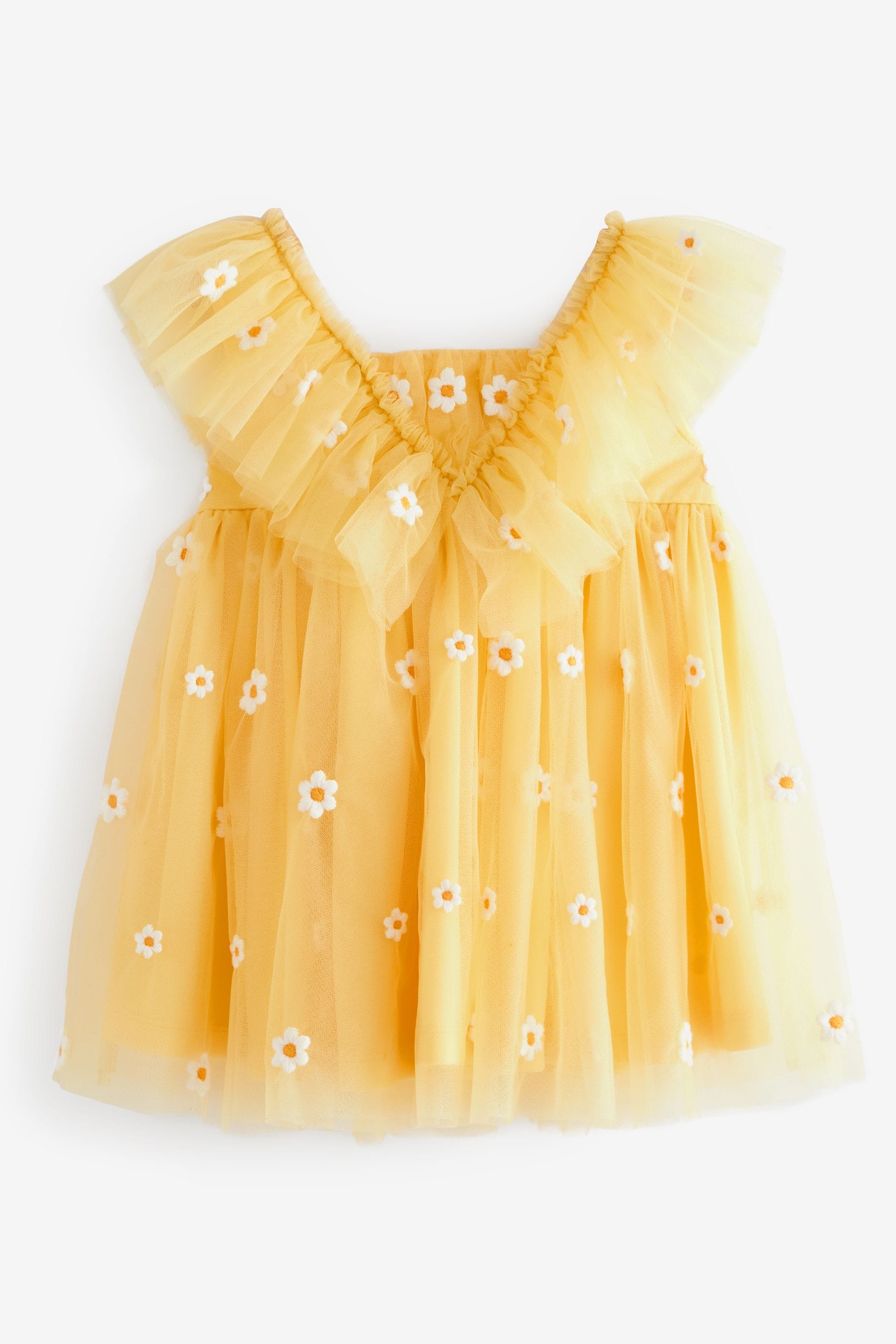 Yellow Daisy Embroidered Ruffle Mesh Dress (3mths-10yrs)