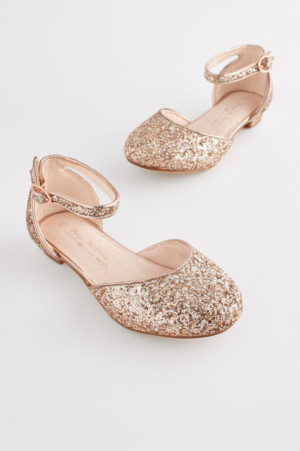 Rose Gold Glitter Occasion Ankle Strap Low Heel Shoes