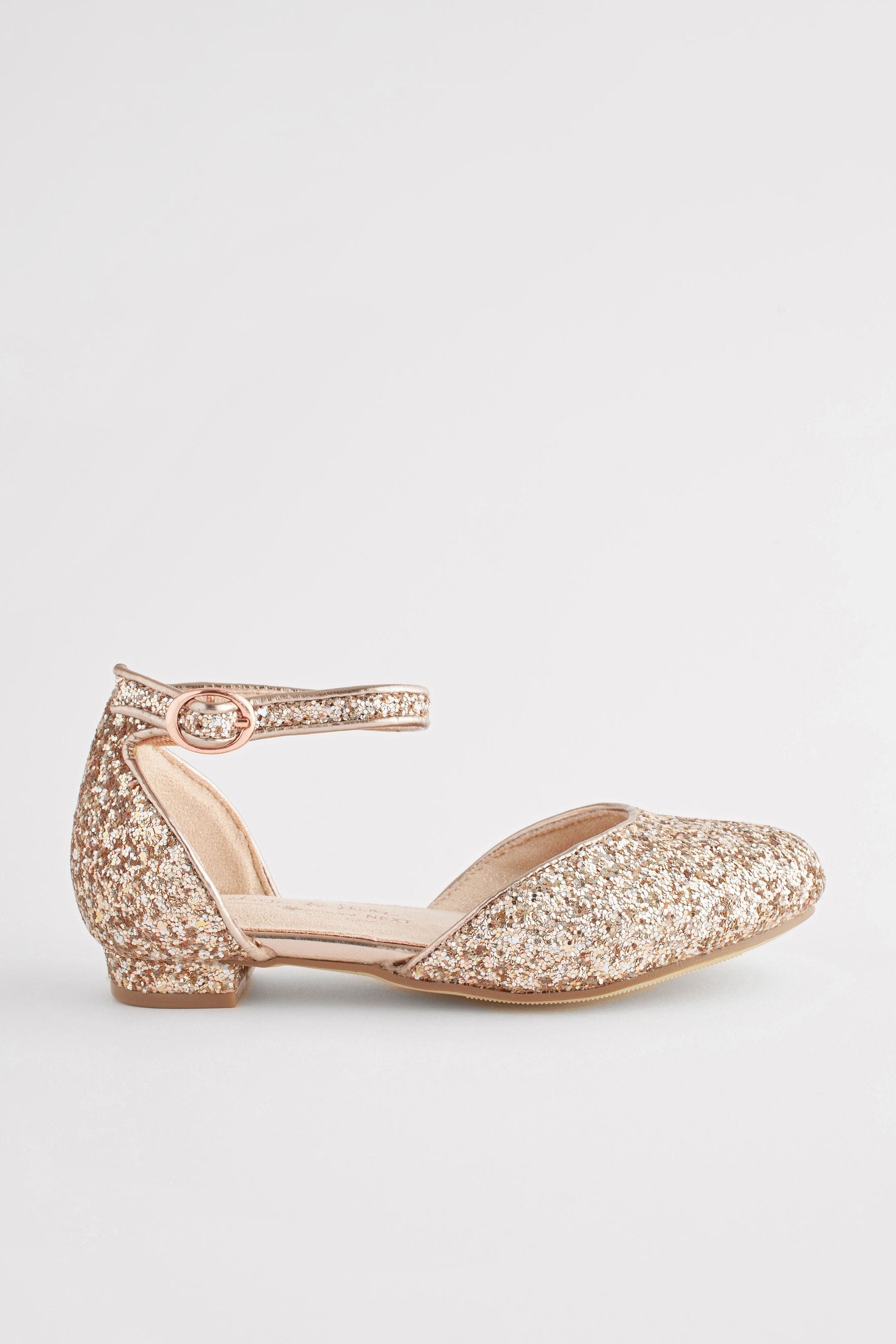 Rose Gold Glitter Occasion Ankle Strap Low Heel Shoes