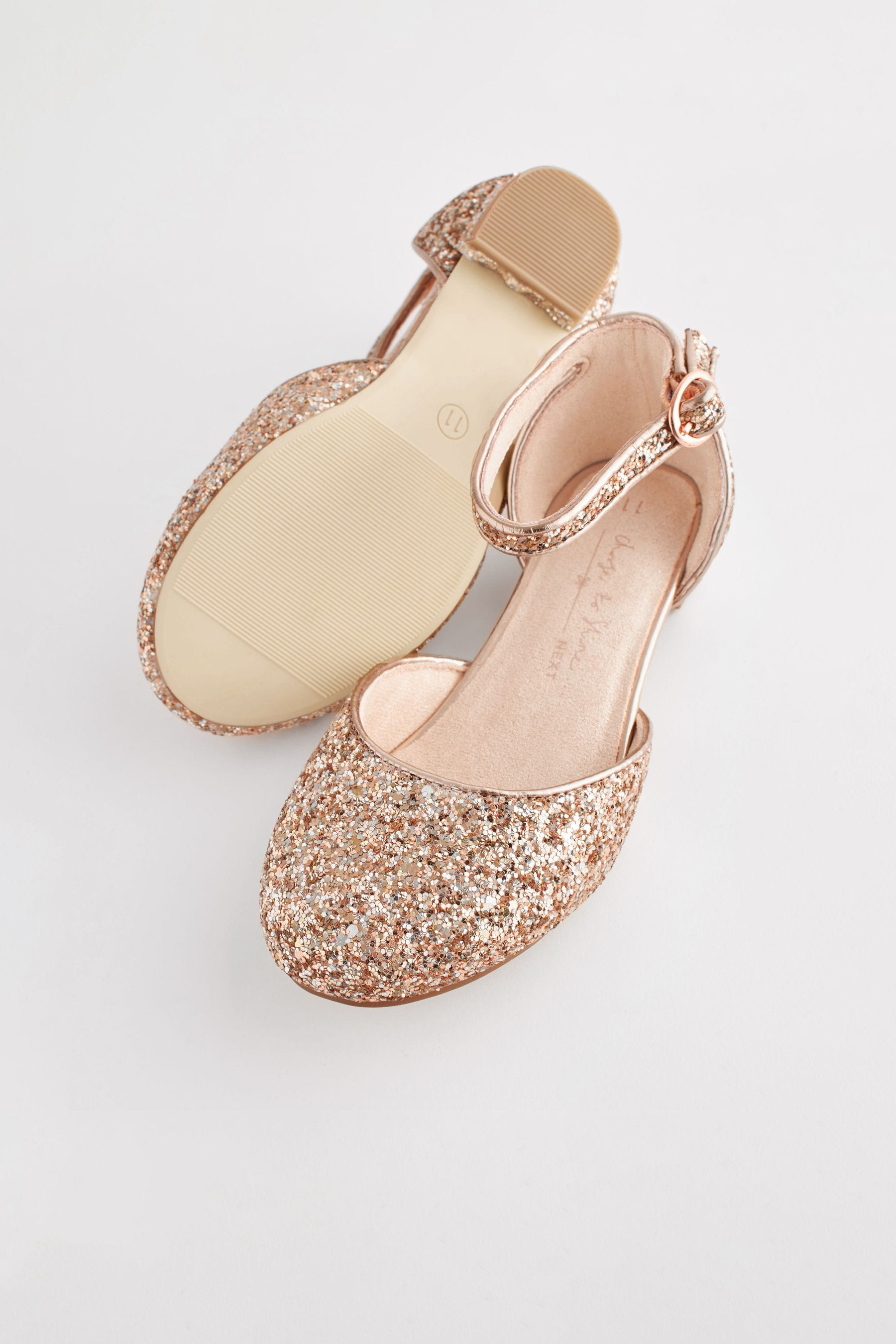 Rose Gold Glitter Occasion Ankle Strap Low Heel Shoes