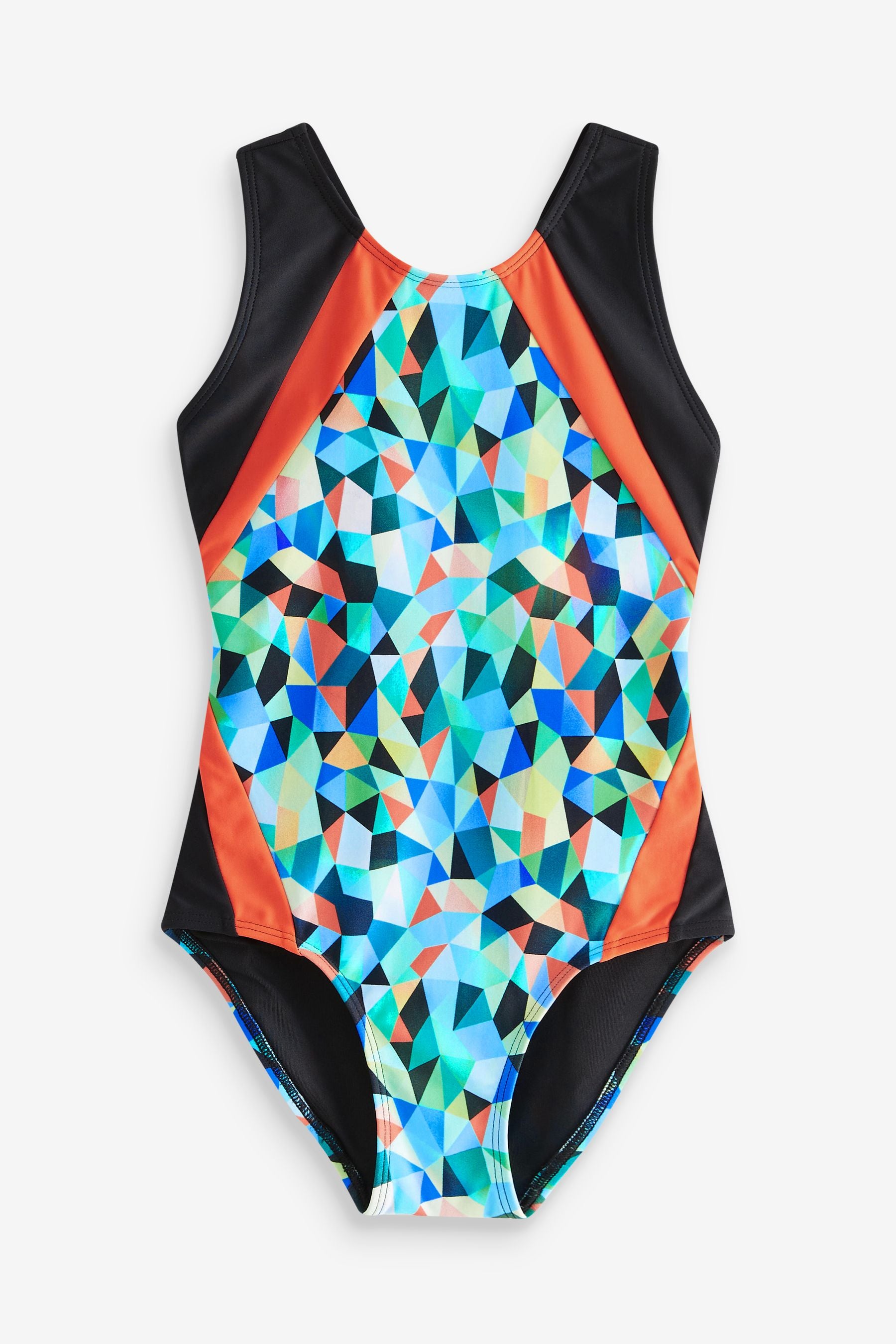 Green/Orange Geometric Sports Swimsuit (3-16yrs)