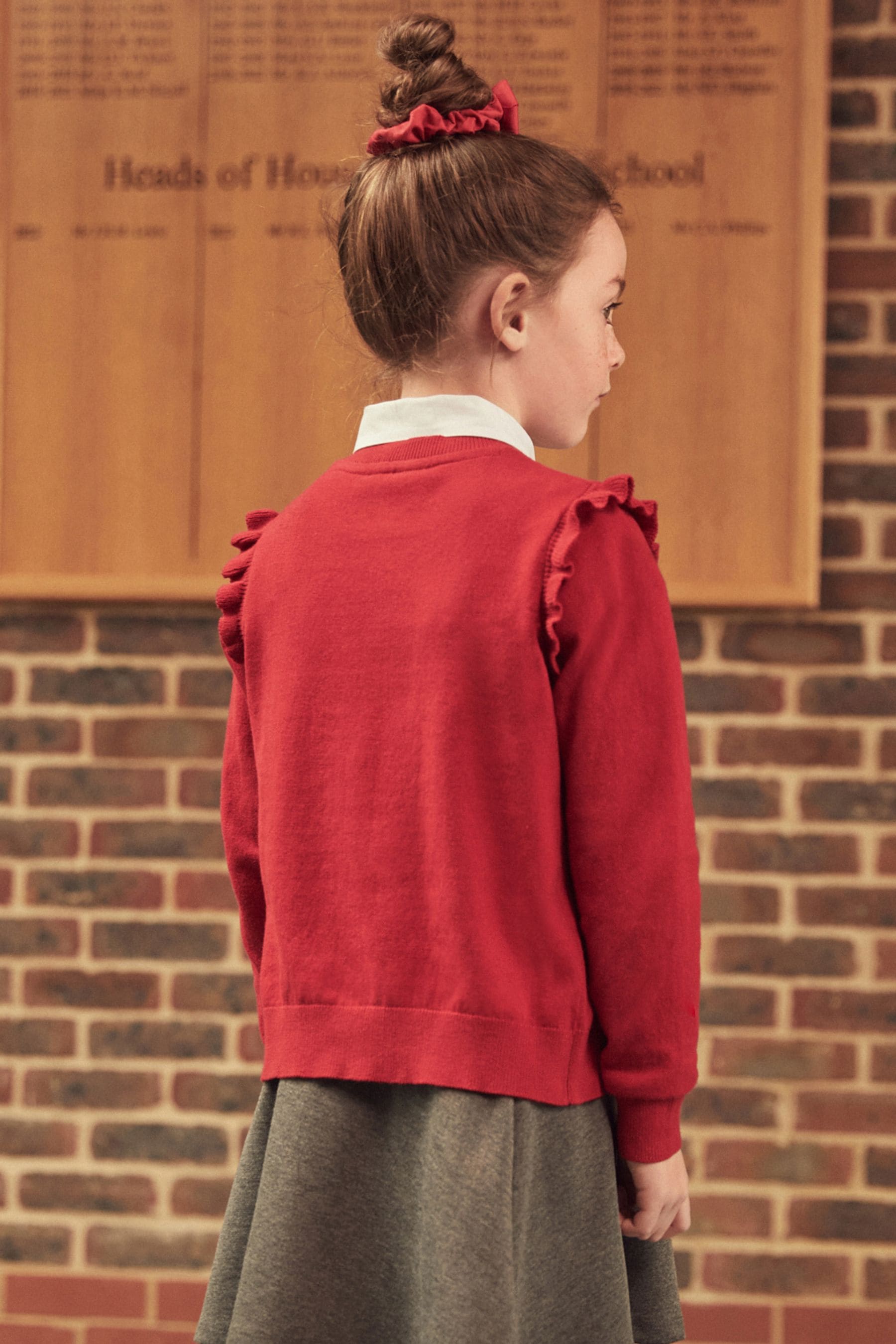 Red Cotton Rich Frill Shoulder School Cardigan (3-16yrs)