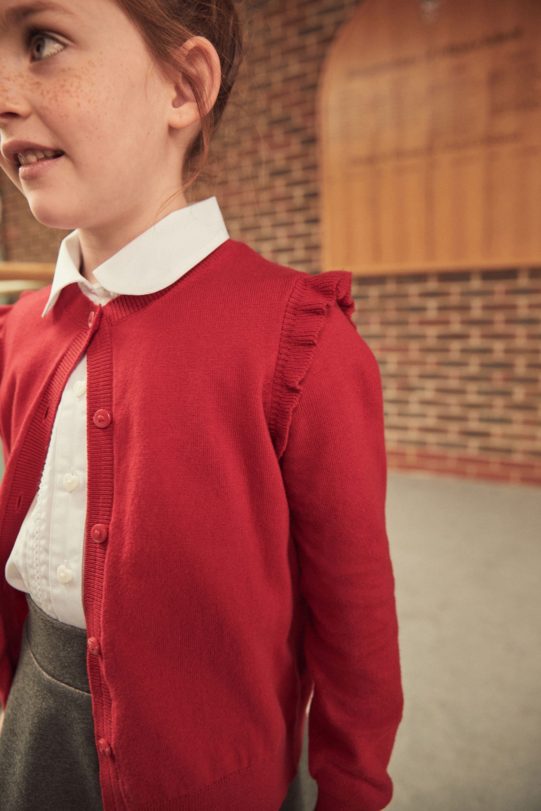 Red Cotton Rich Frill Shoulder School Cardigan (3-16yrs)