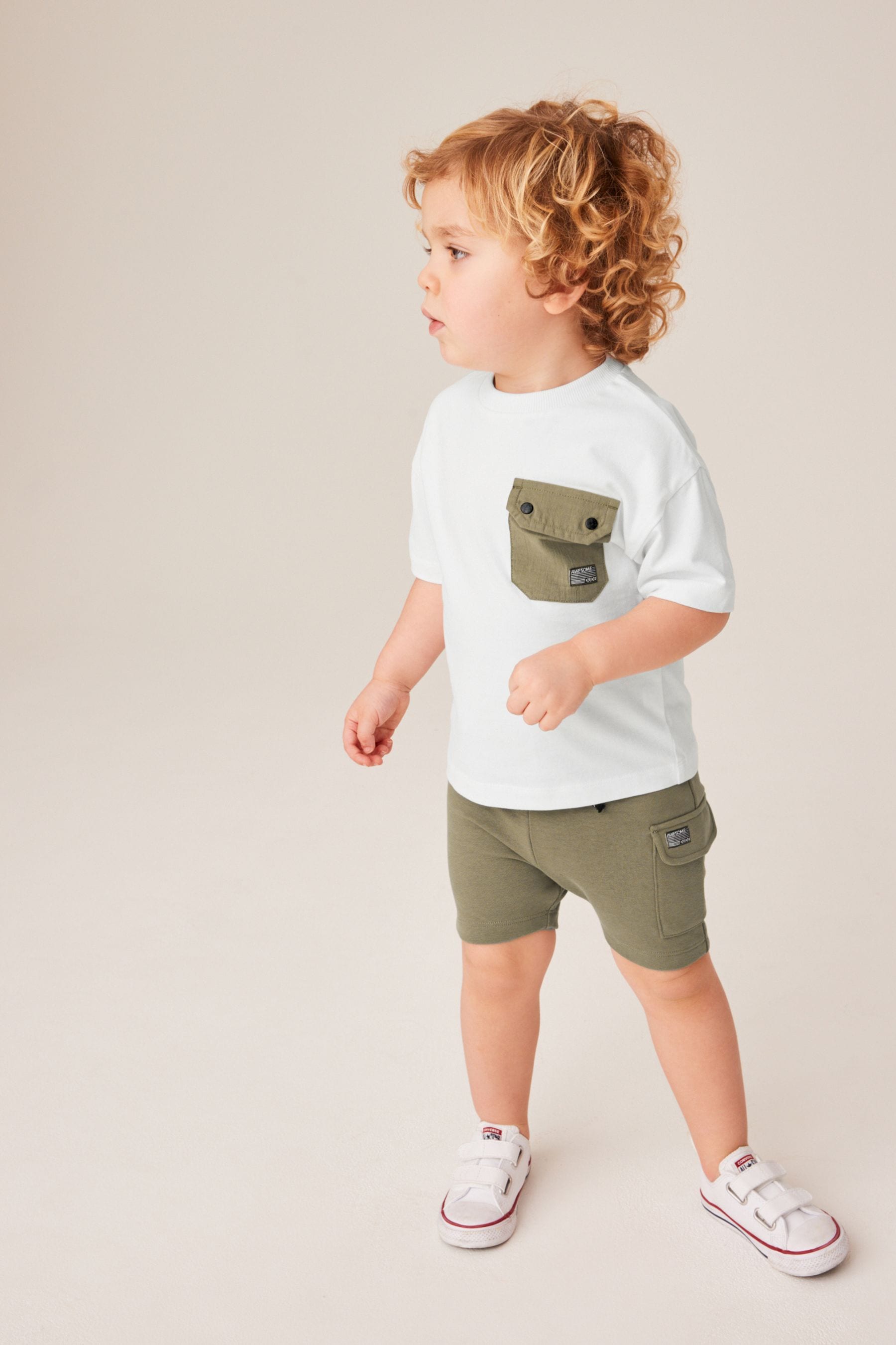 White & Green Utility Pocket T-Shirt and Shorts Set (3mths-7yrs)