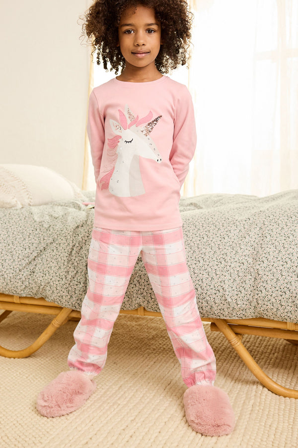 Pink Unicorn Woven Check Pyjamas (3-16yrs)