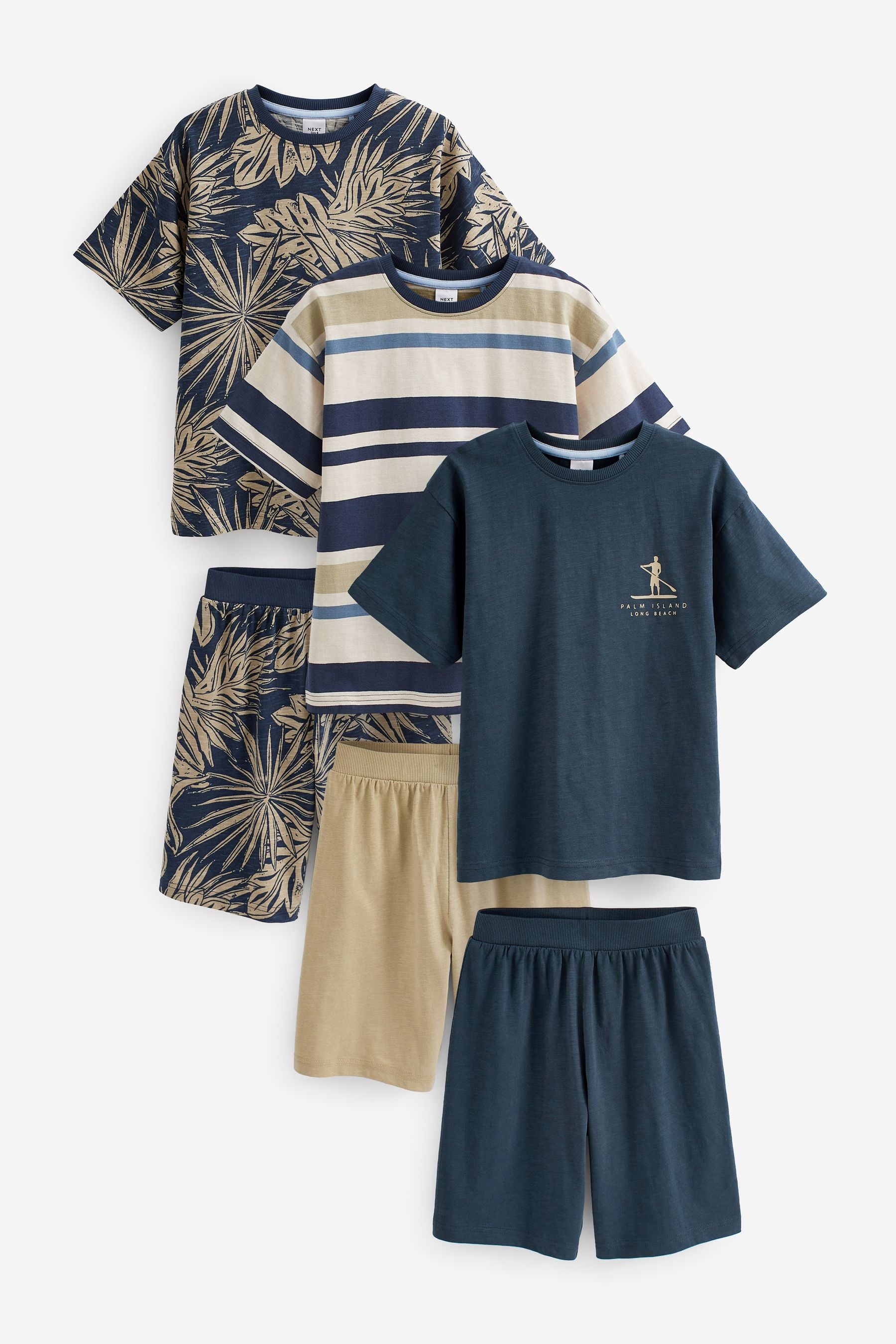 Navy Blue 100% Cotton Palm Print Short Pyjamas 3 Pack (3-16yrs)