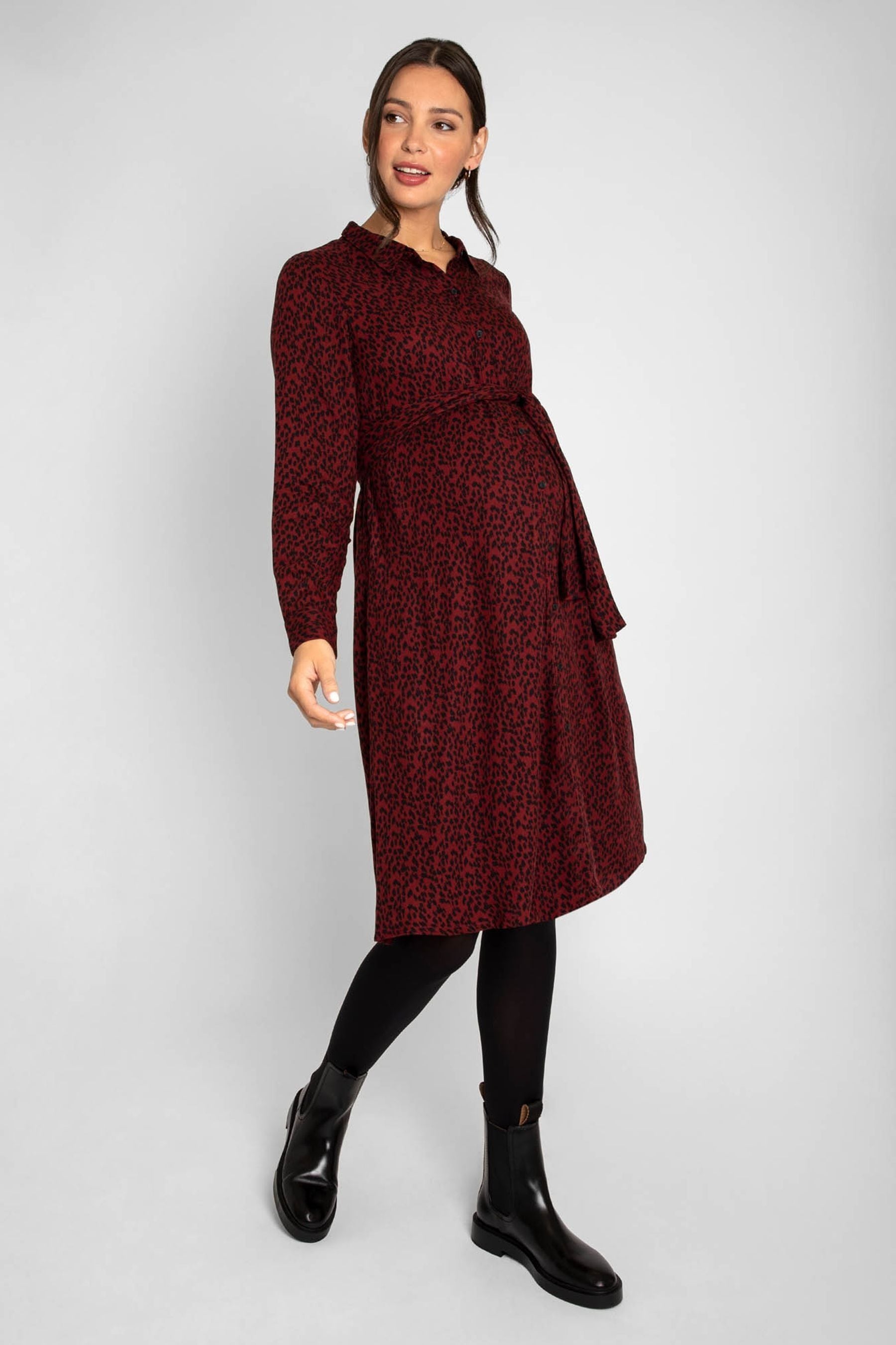 JoJo Maman Bébé Burgundy Red Animal Print Shirt Maternity Dress With Tie