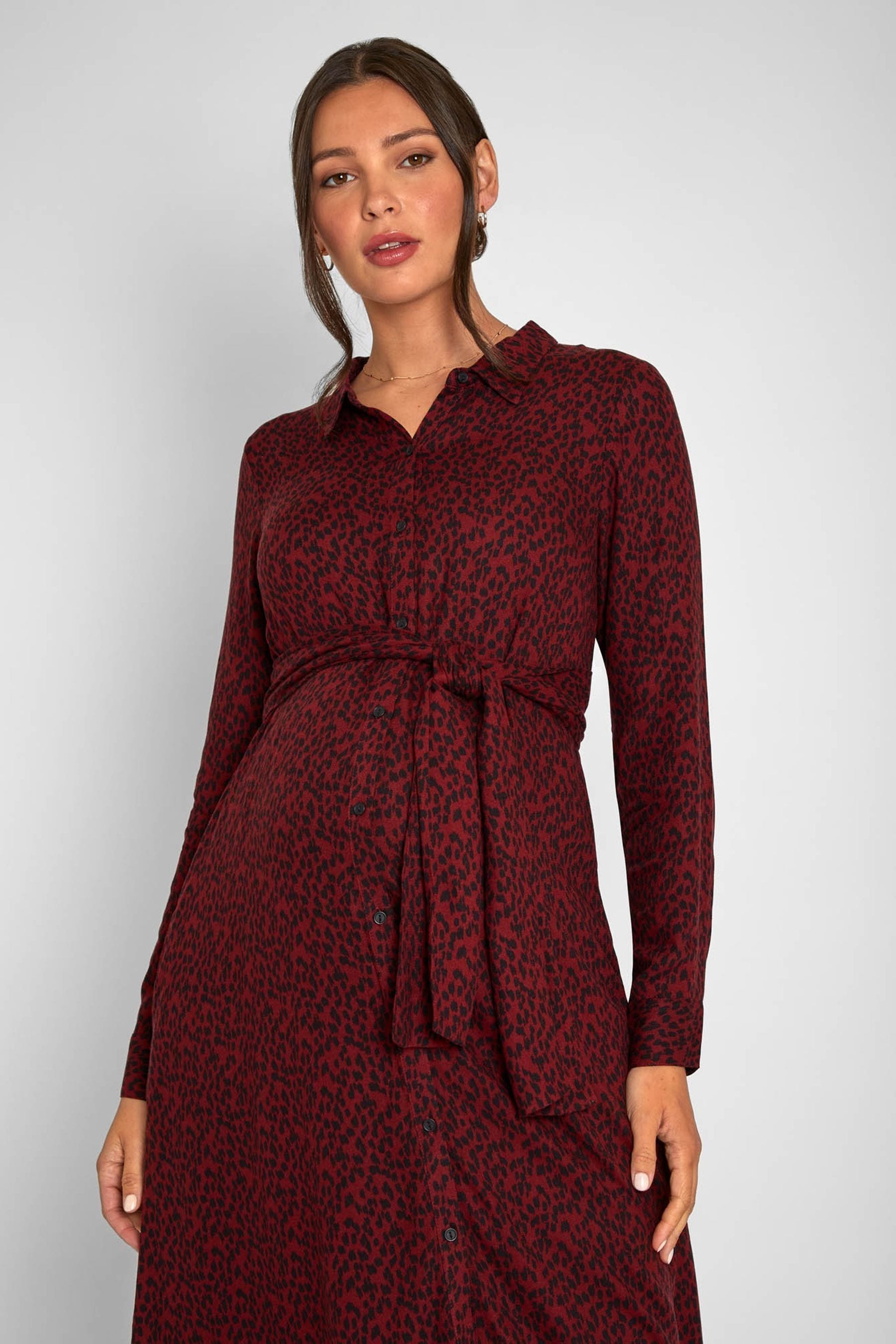 Burgundy Red JoJo Maman Bébé Animal Print Shirt Maternity Dress With Tie