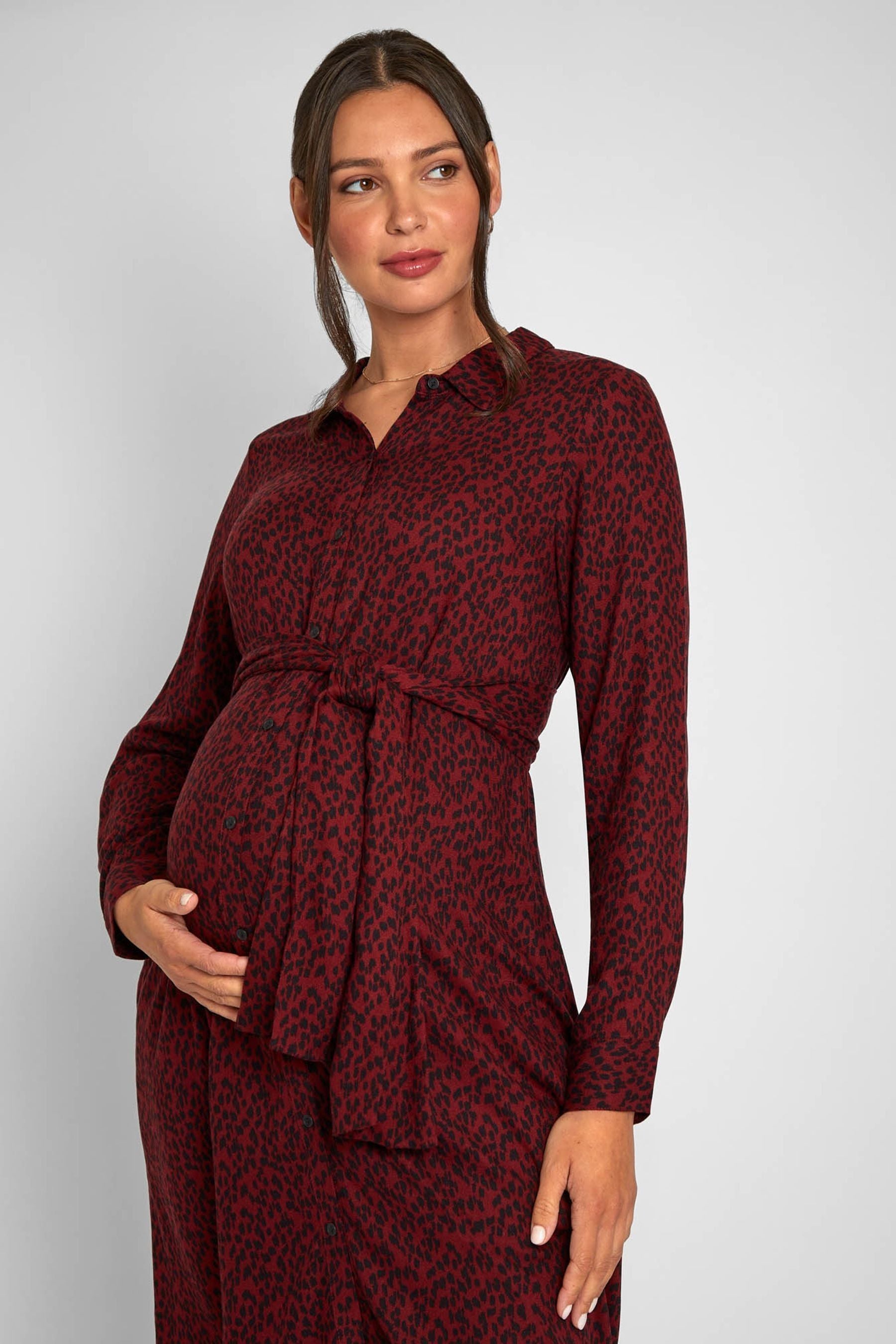 Burgundy Red JoJo Maman Bébé Animal Print Shirt Maternity Dress With Tie