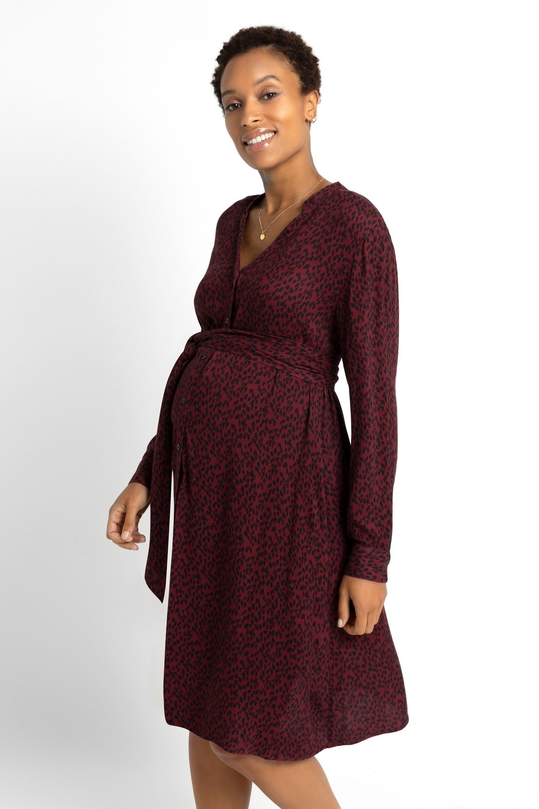 Burgundy Red JoJo Maman Bébé Animal Print Shirt Maternity Dress With Tie