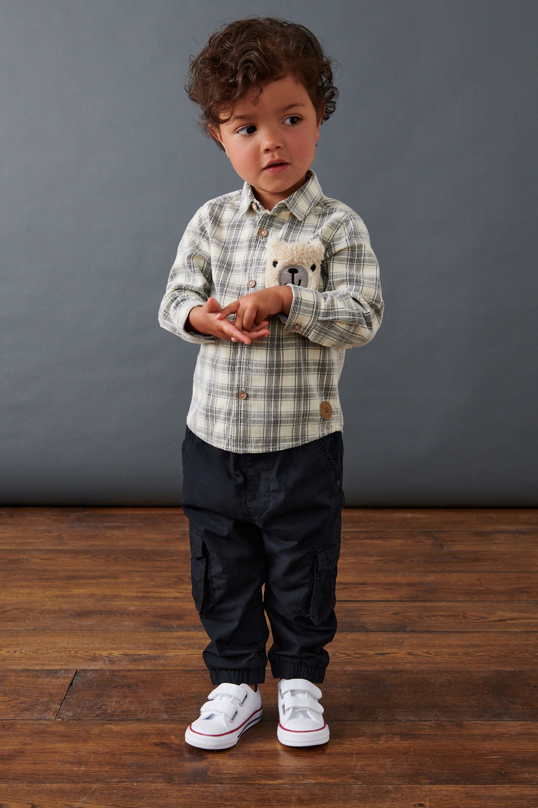 Ecru Cream with Character Pocket Check Corduroy Long Sleeve Shirt (3mths-7yrs)