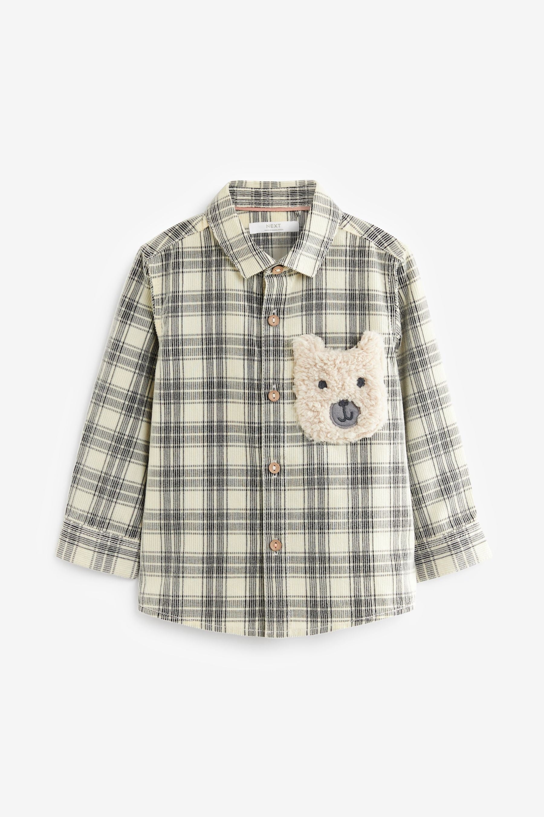 Ecru Cream with Character Pocket Check Corduroy Long Sleeve Shirt (3mths-7yrs)