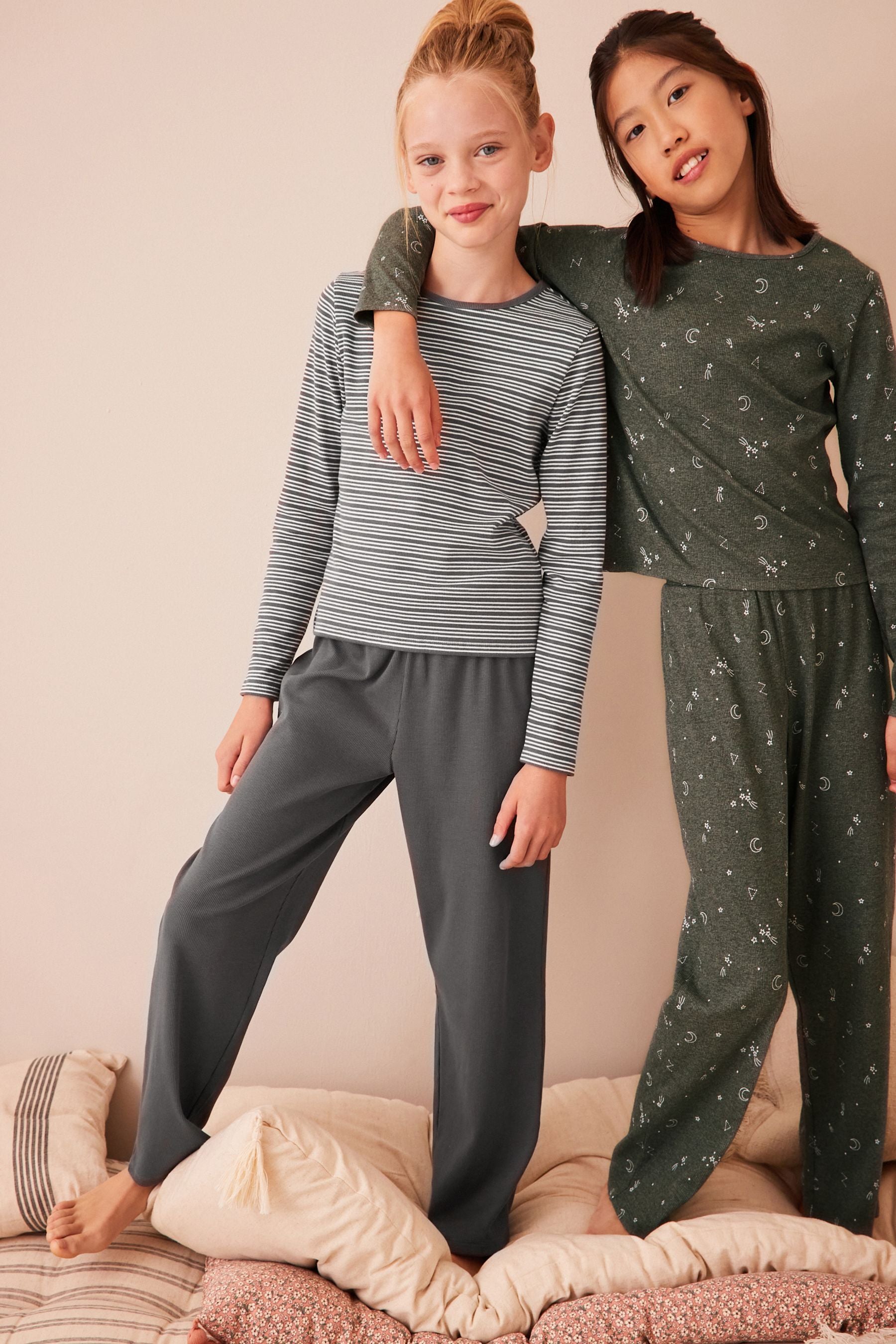 Monochrome Ribbed Pyjamas 2 Pack (3-16yrs)