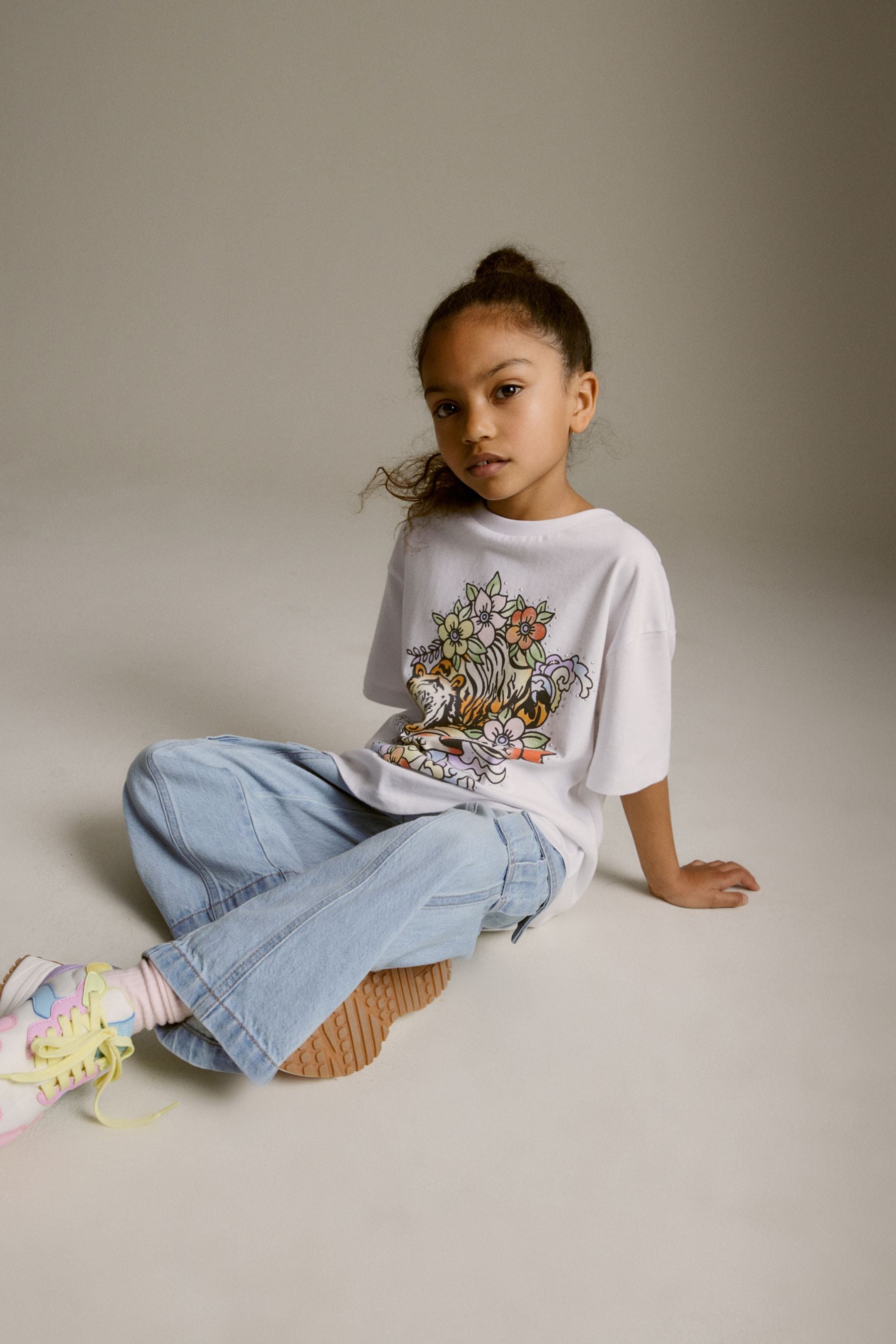 White Tiger Stud Oversized Embellished Graphic T-Shirt (3-16yrs)