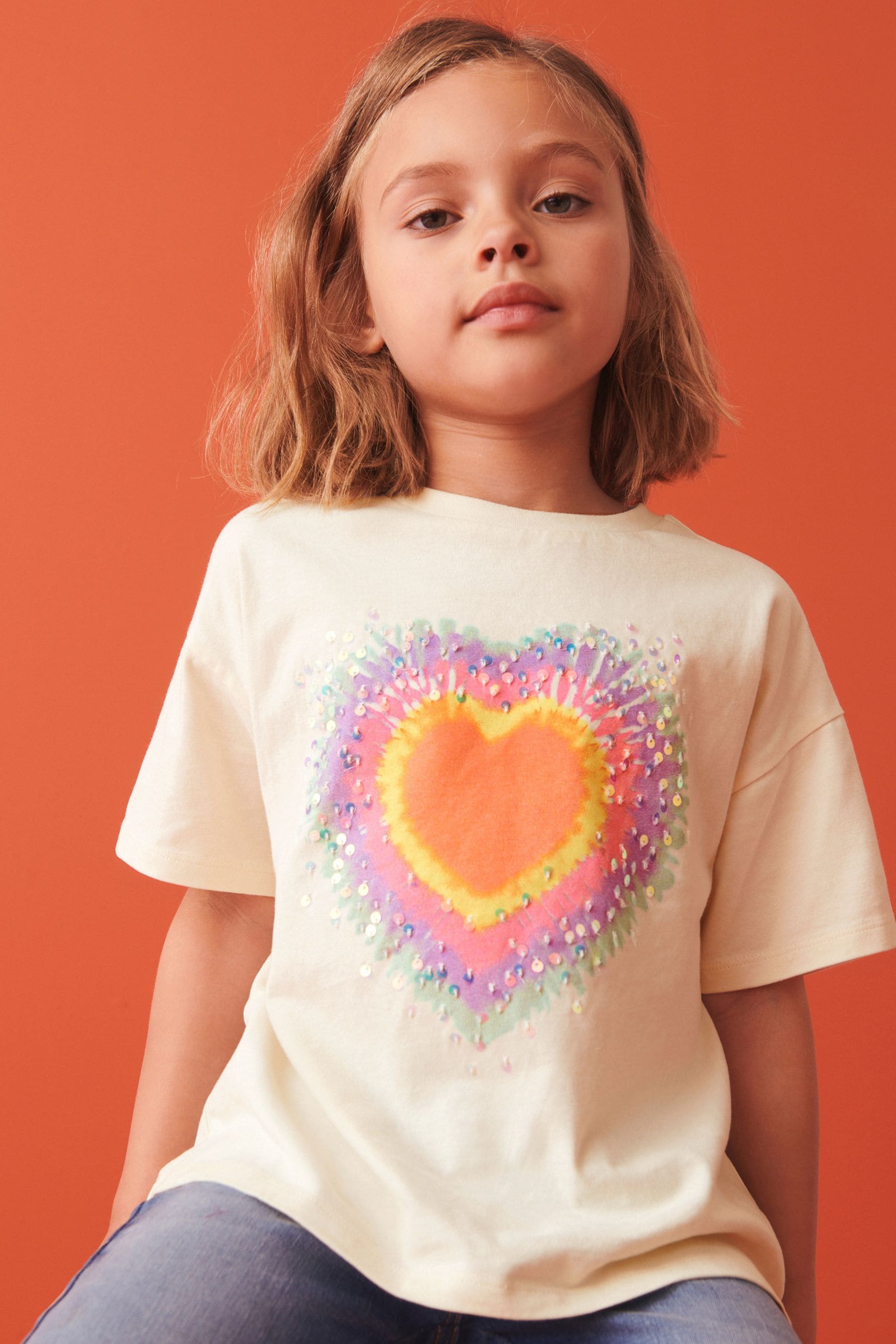 Ecru White Sequin Tie Dye Heart T-Shirt (3-16yrs)