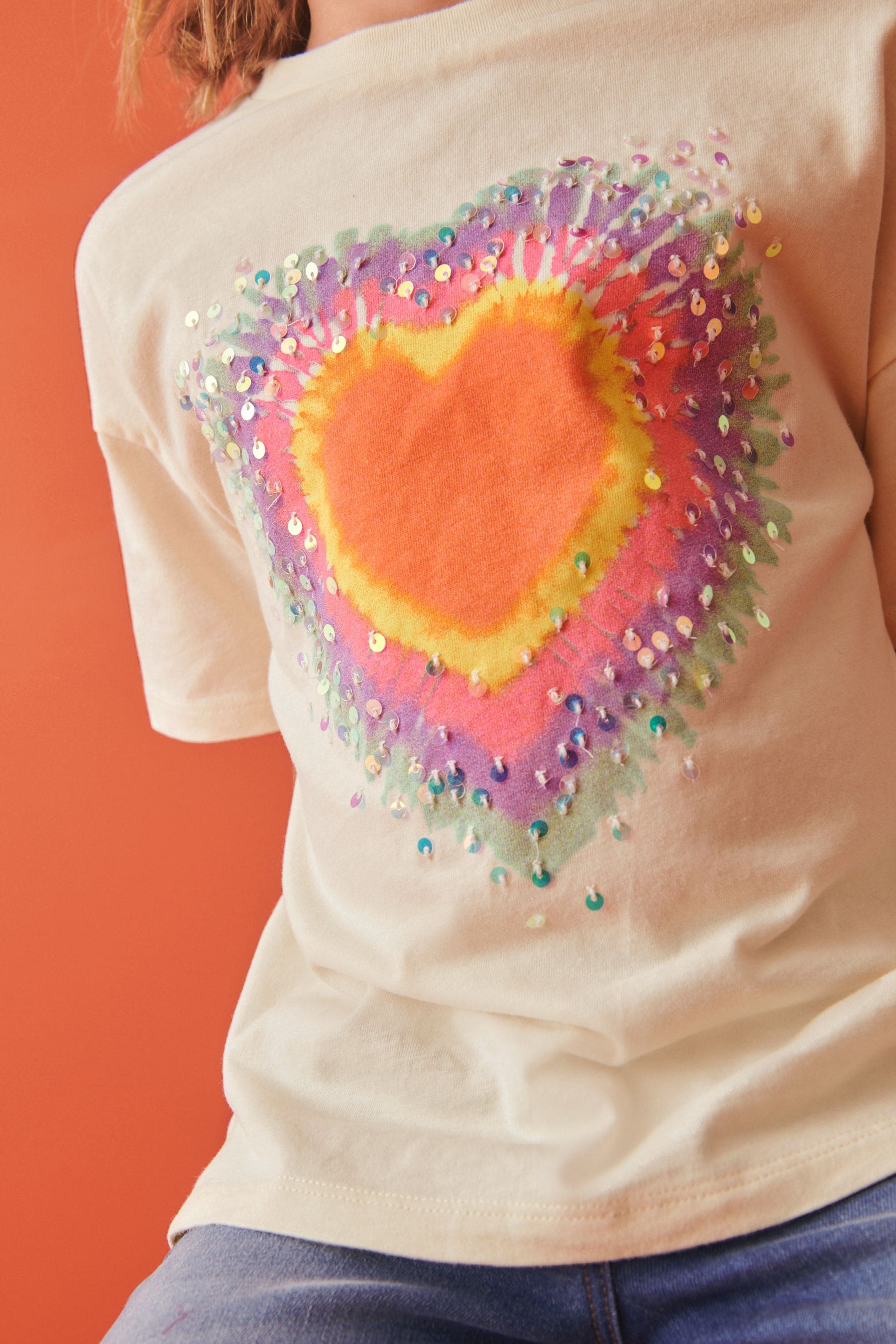 Ecru White Sequin Tie Dye Heart T-Shirt (3-16yrs)