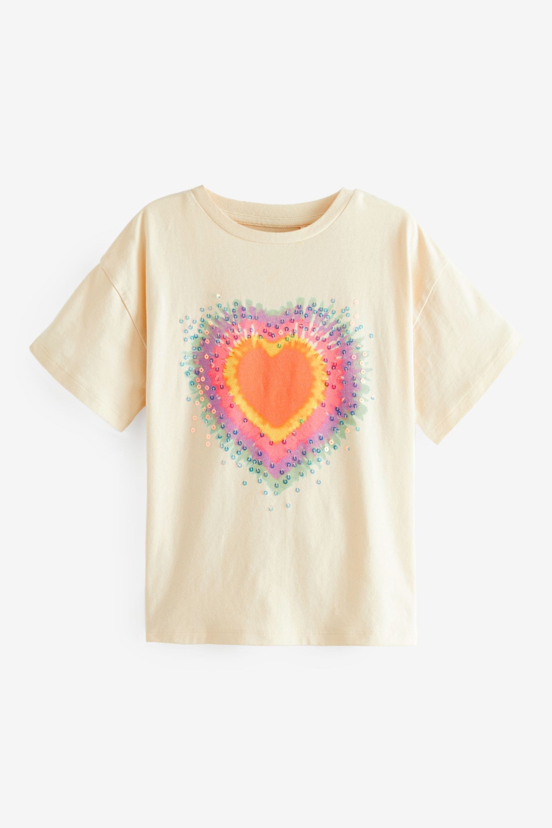 Ecru White Sequin Tie Dye Heart T-Shirt (3-16yrs)