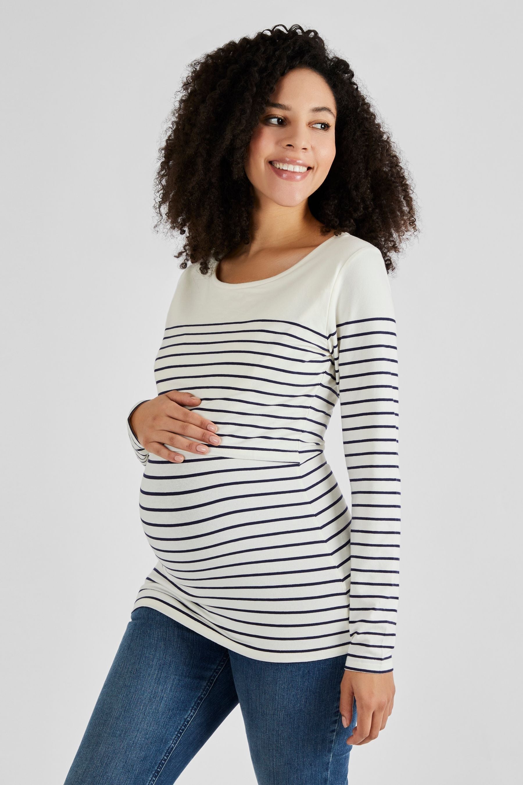 Ecru Cream Navy Stripe JoJo Maman Bébé Breton Stripe Nursing Top