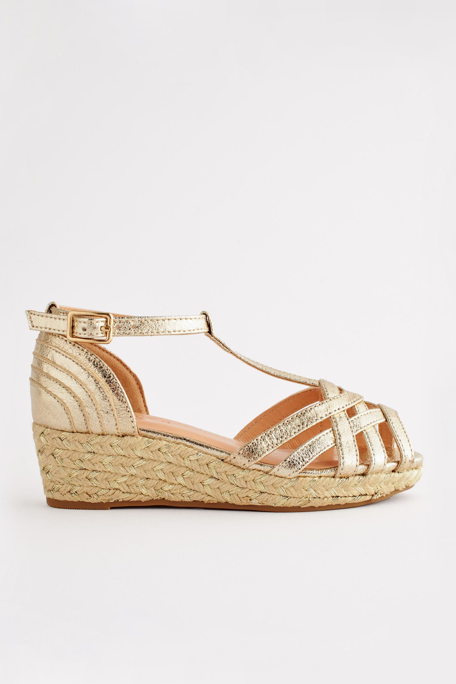 Gold Metallic Woven Wedge Ankle Strap Sandals