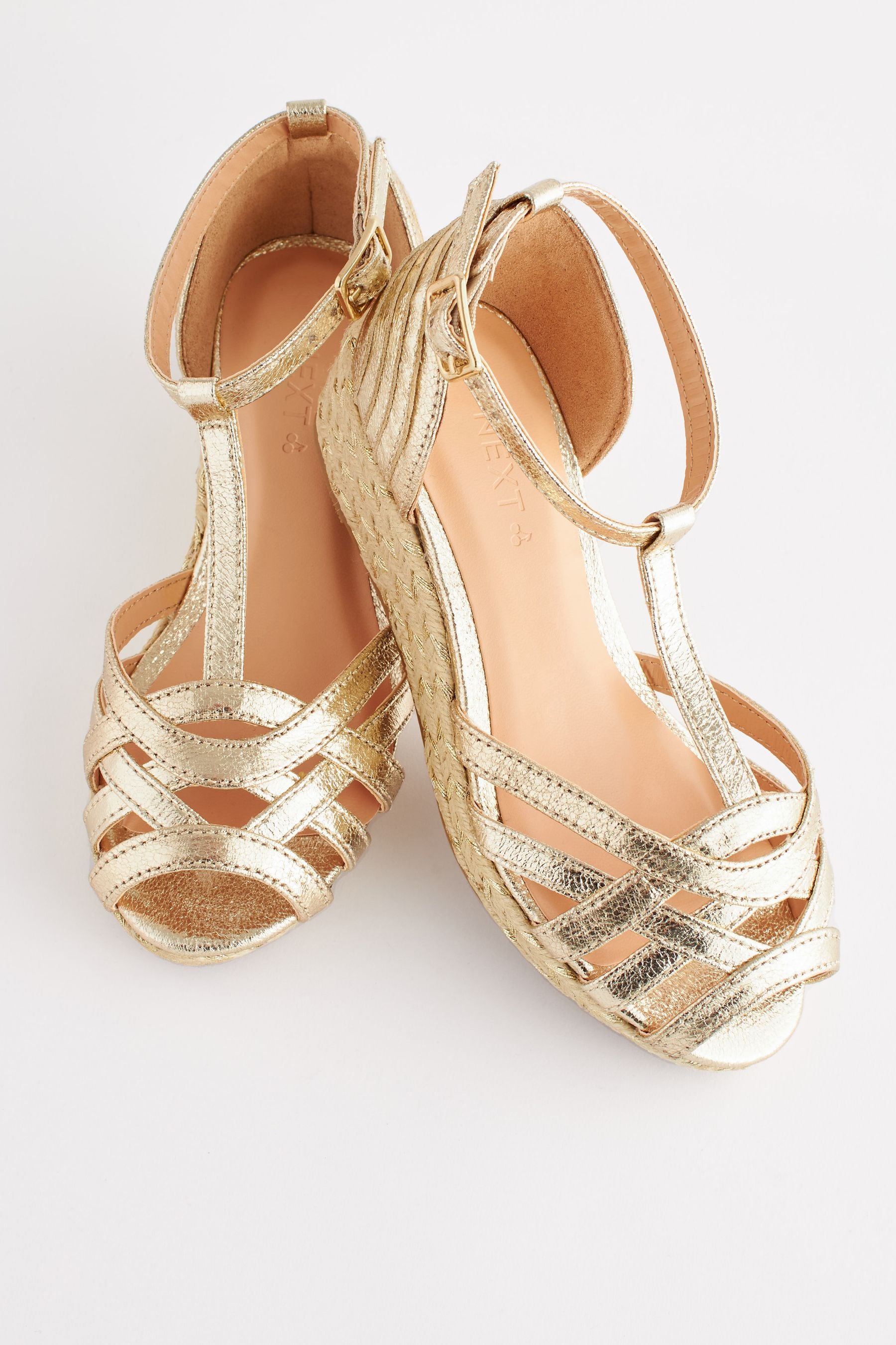 Gold Metallic Woven Wedge Ankle Strap Sandals