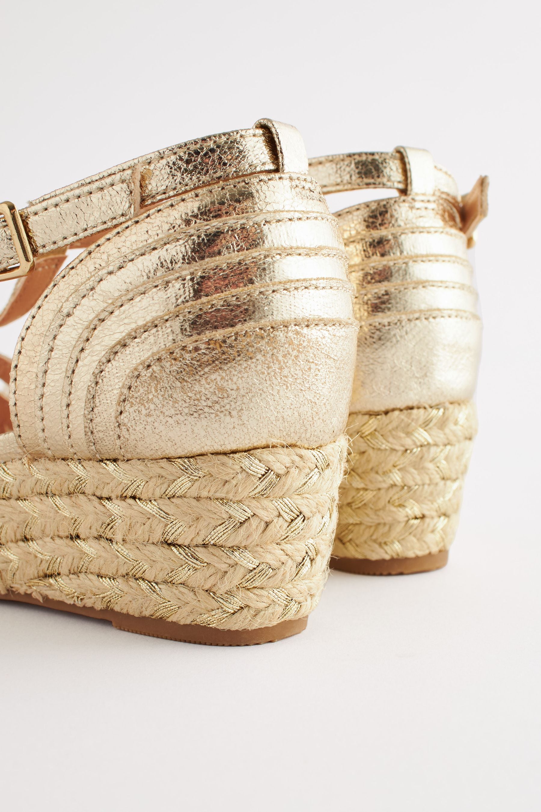 Gold Metallic Woven Wedge Ankle Strap Sandals