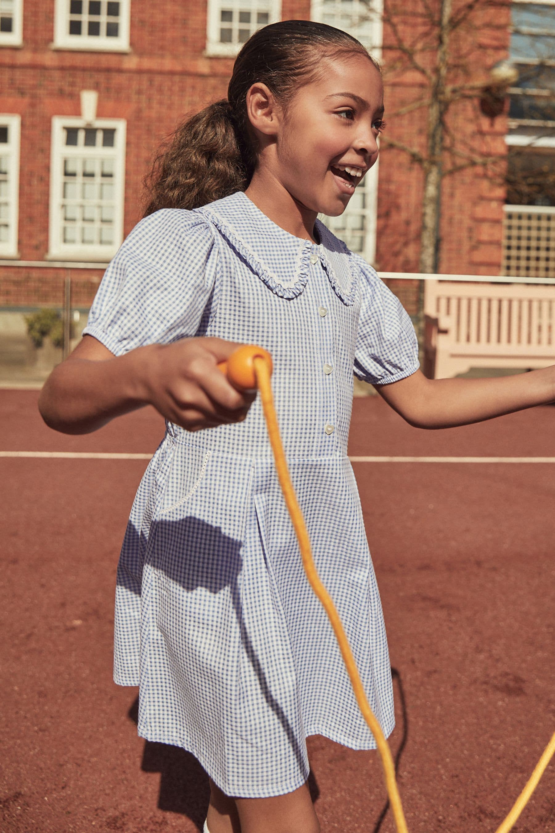 Blue Cotton Rich School Gingham Pretty Collar Dress (3-14yrs)