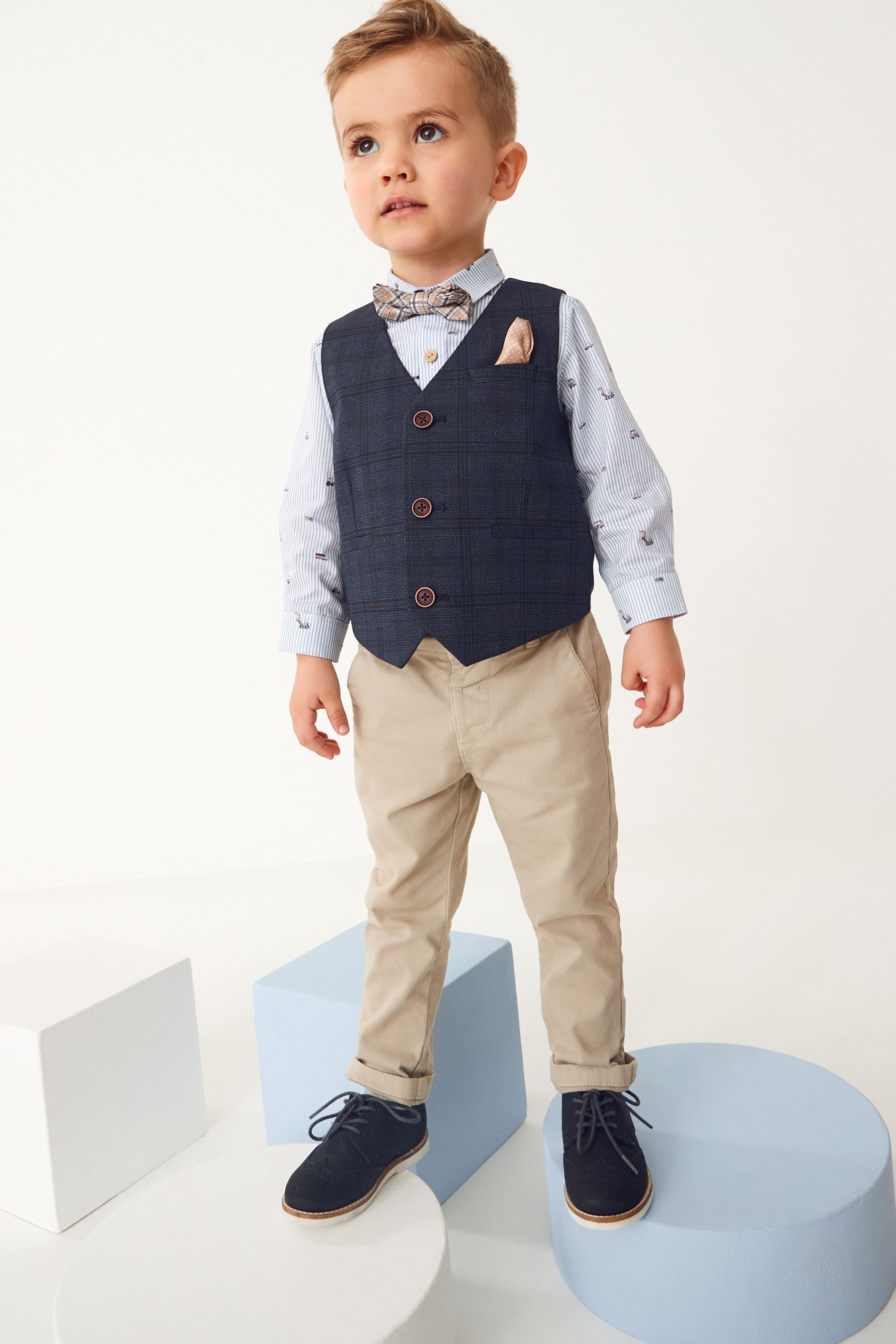 Navy Blue Check Waistcoat Set With Shirt And Bow Tie (3mths-7yrs)