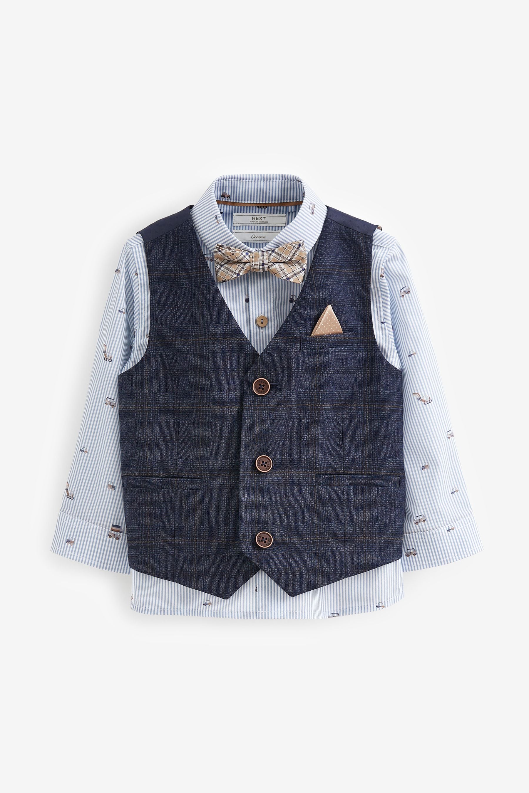 Navy Blue Check Waistcoat Set With Shirt And Bow Tie (3mths-7yrs)