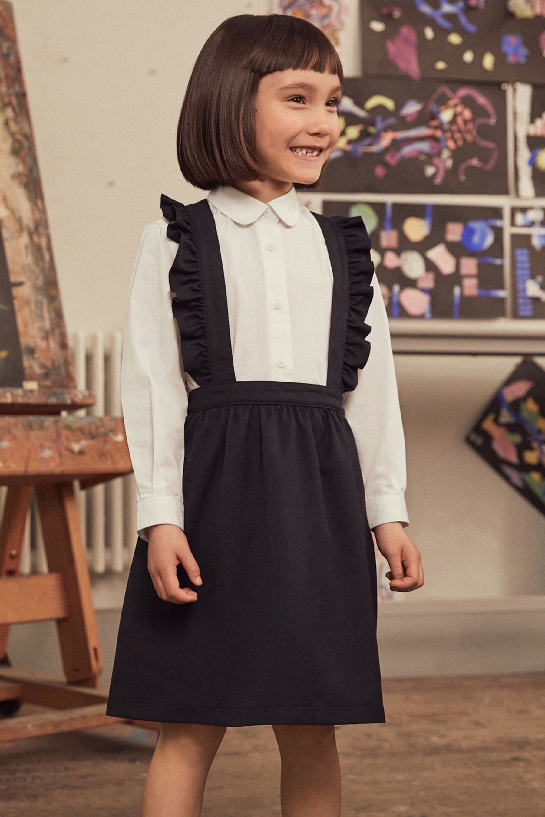 Navy Blue/White Ruffle School Pinafore And Long Sleeve Shirt Set (3-14yrs)