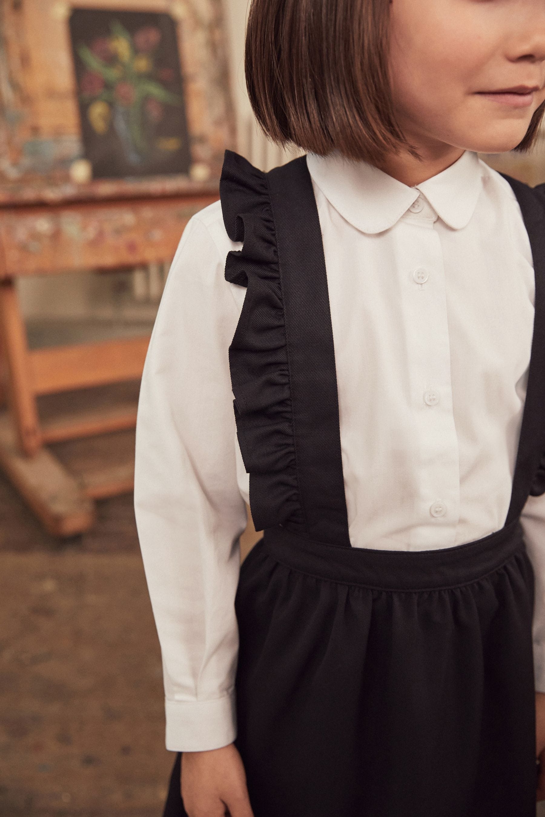 Navy Blue/White Ruffle School Pinafore And Long Sleeve Shirt Set (3-14yrs)