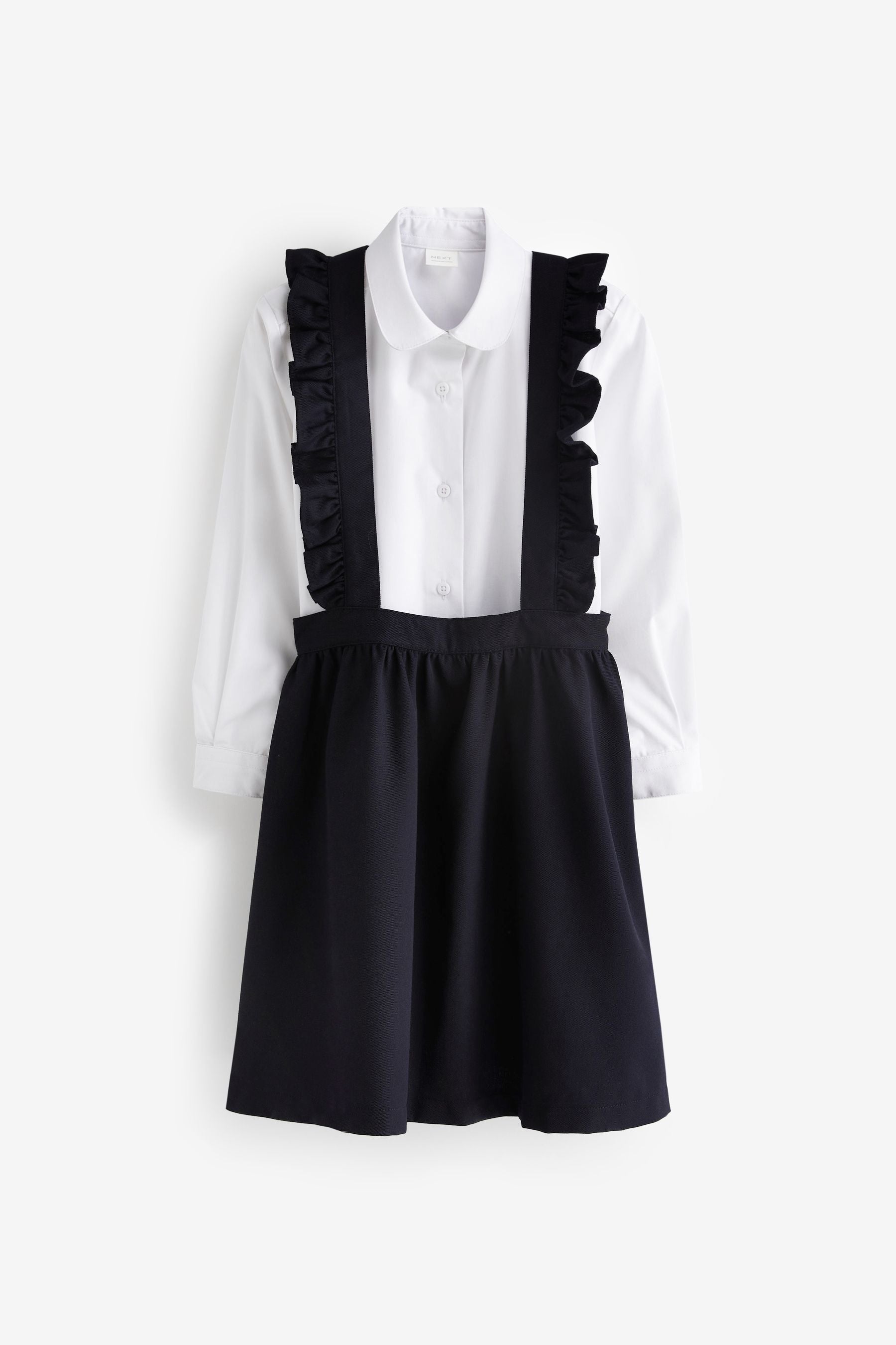 Navy Blue/White Ruffle School Pinafore And Long Sleeve Shirt Set (3-14yrs)