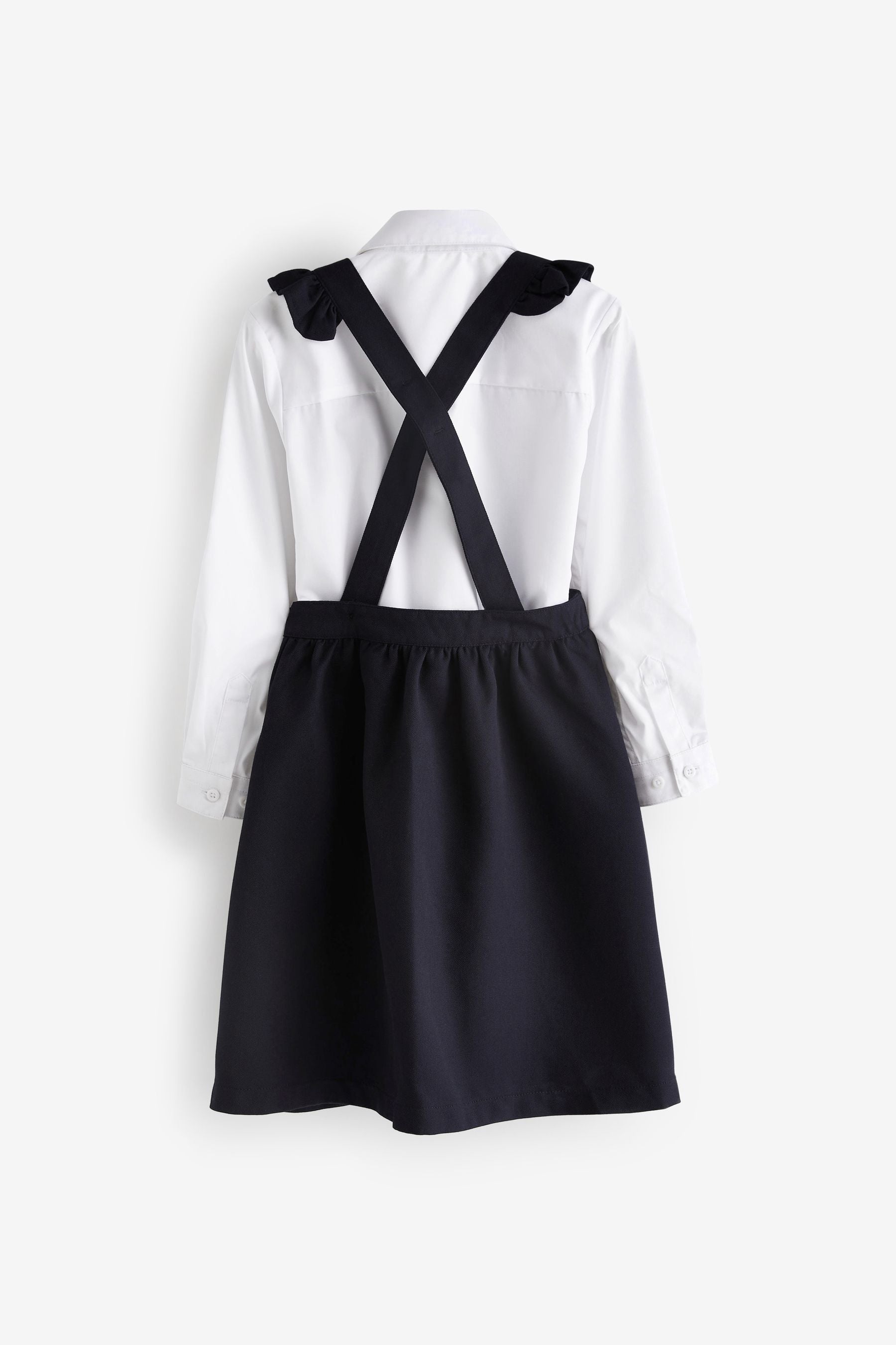 Navy Blue/White Ruffle School Pinafore And Long Sleeve Shirt Set (3-14yrs)