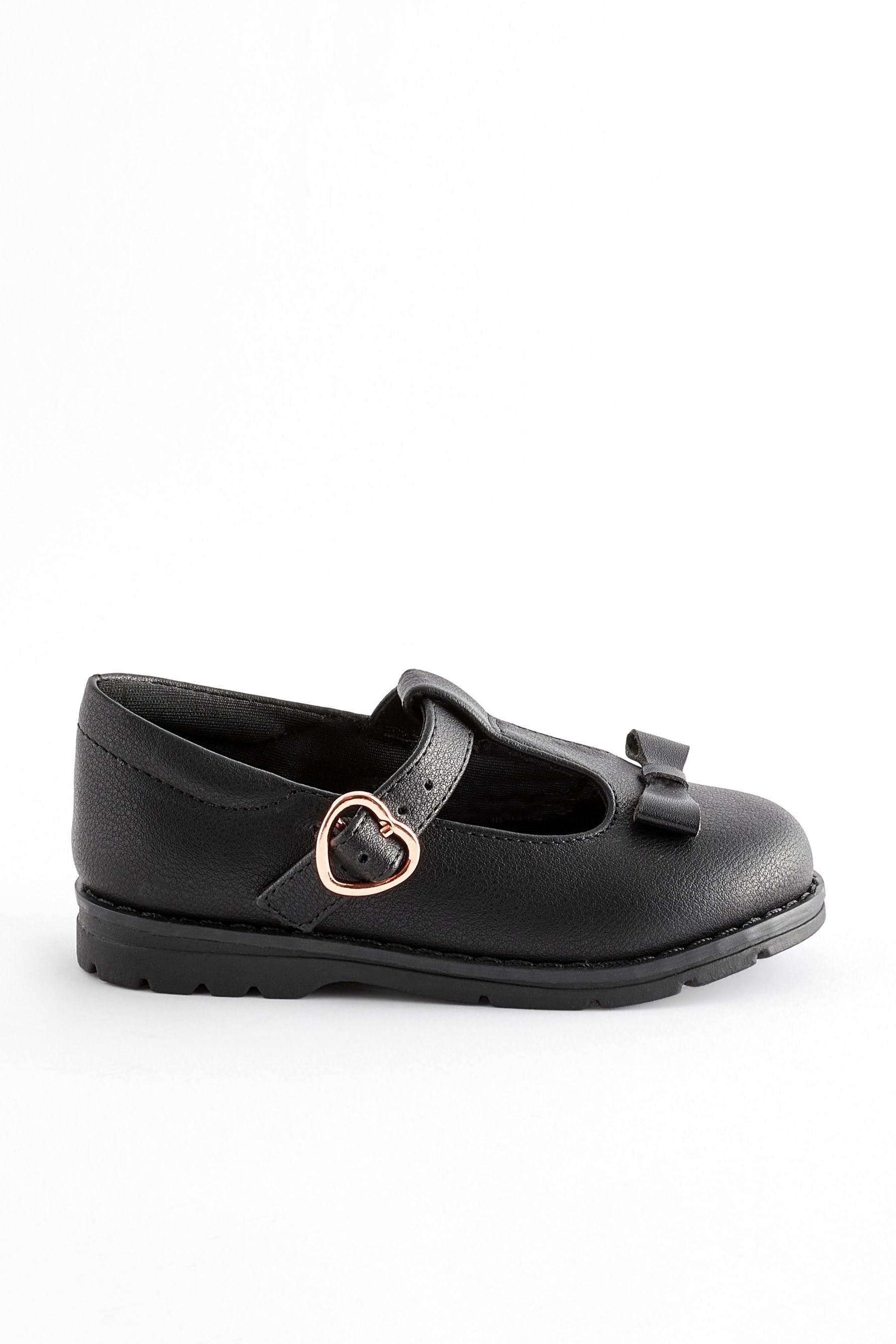 Black Matt Wide Fit (G) School Junior Bow T-Bar Shoes