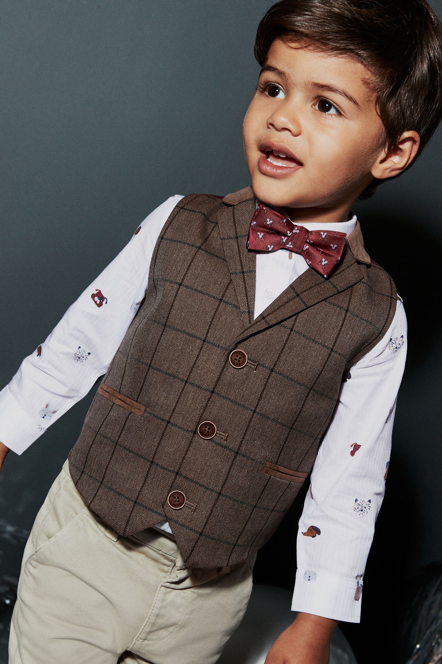 Tan Brown Check Waistcoat, Shirt & Bow Tie Set (3mths-7yrs)