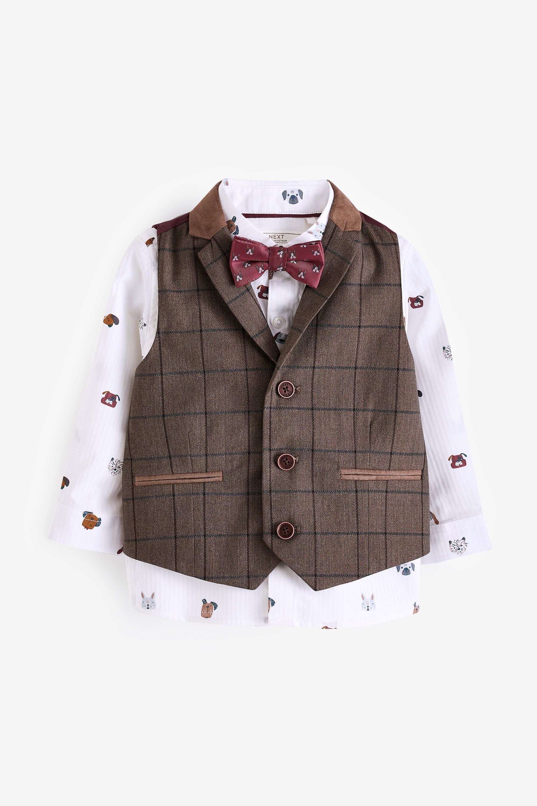 Tan Brown Check Waistcoat, Shirt & Bow Tie Set (3mths-7yrs)