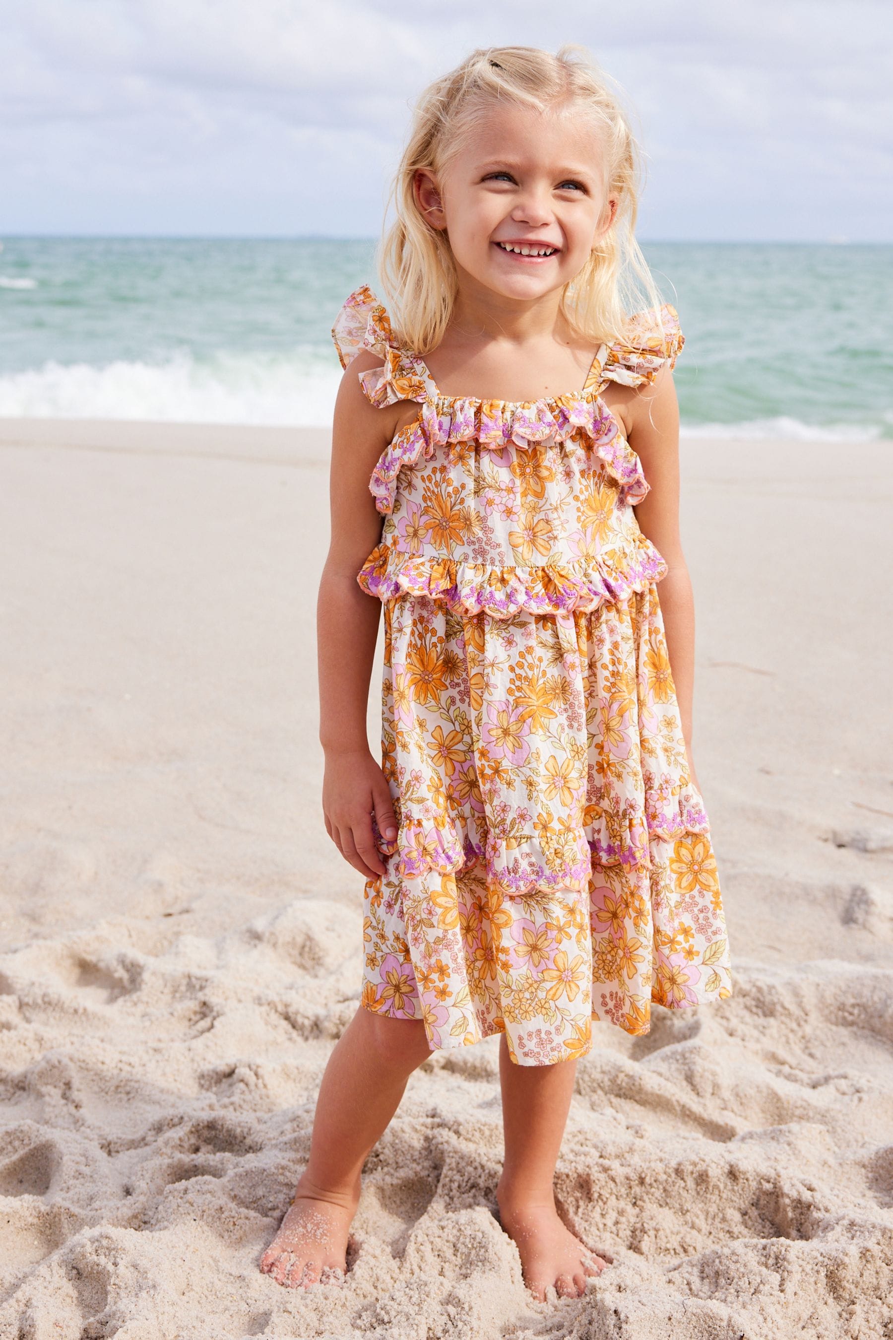 Purple/Orange Floral Tiered Cotton Dress (3mths-8yrs)