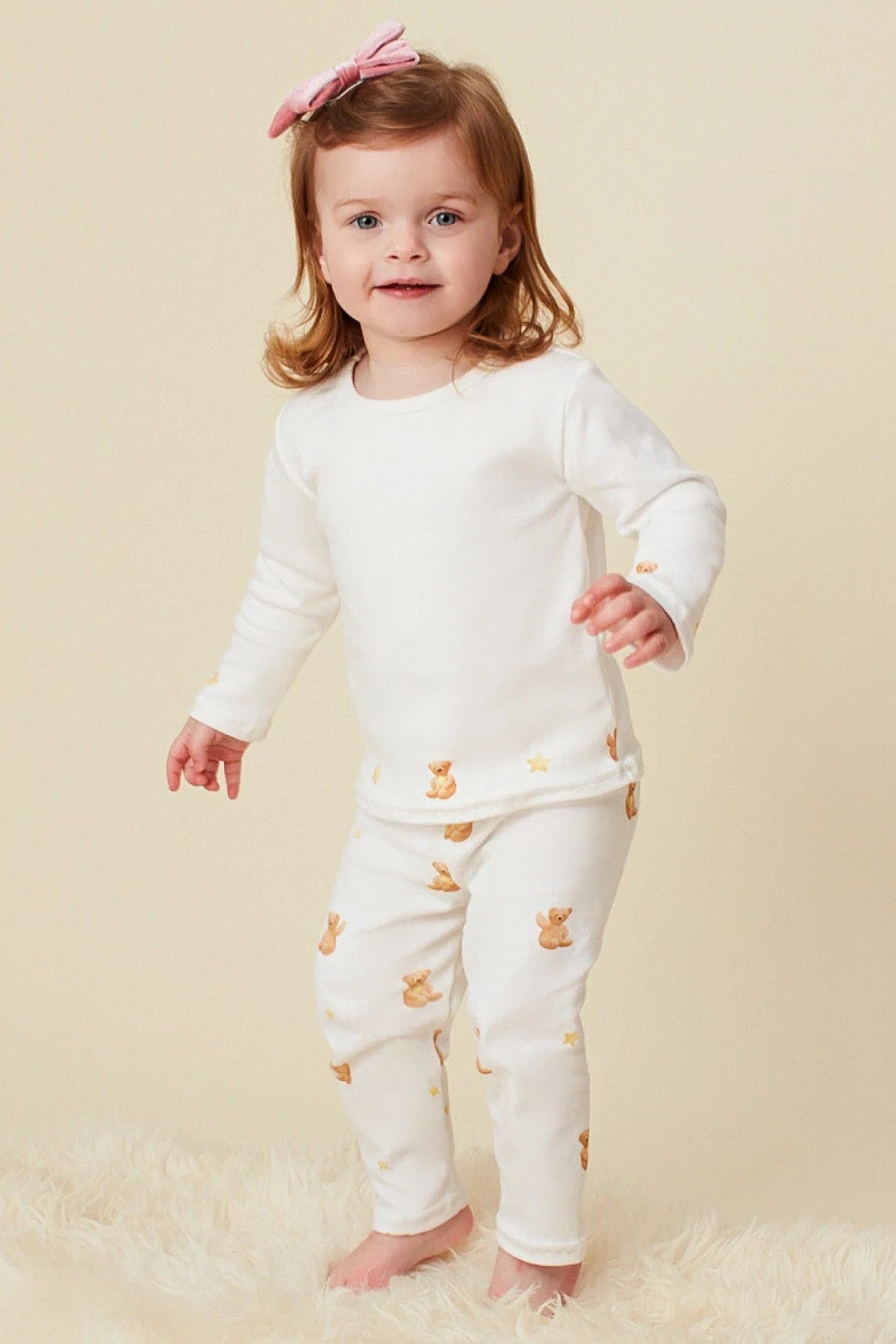 Babbico Teddy Bear Print 100% Cotton White Pyjamas