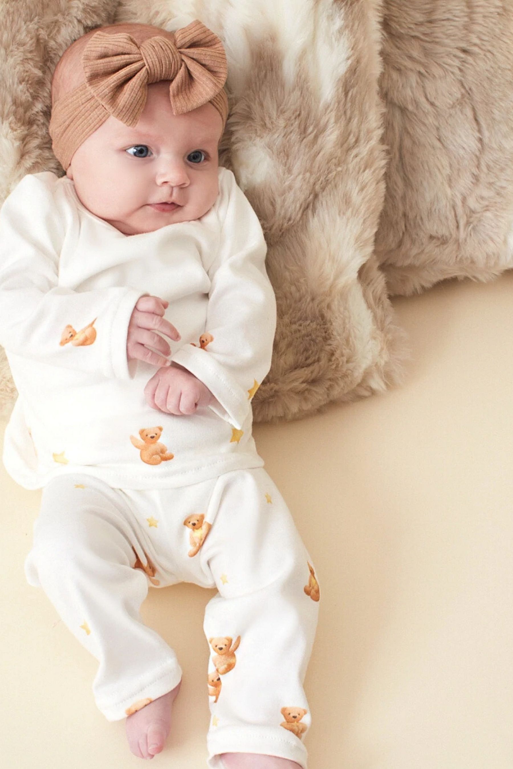 Babbico Teddy Bear Print 100% Cotton White Pyjamas