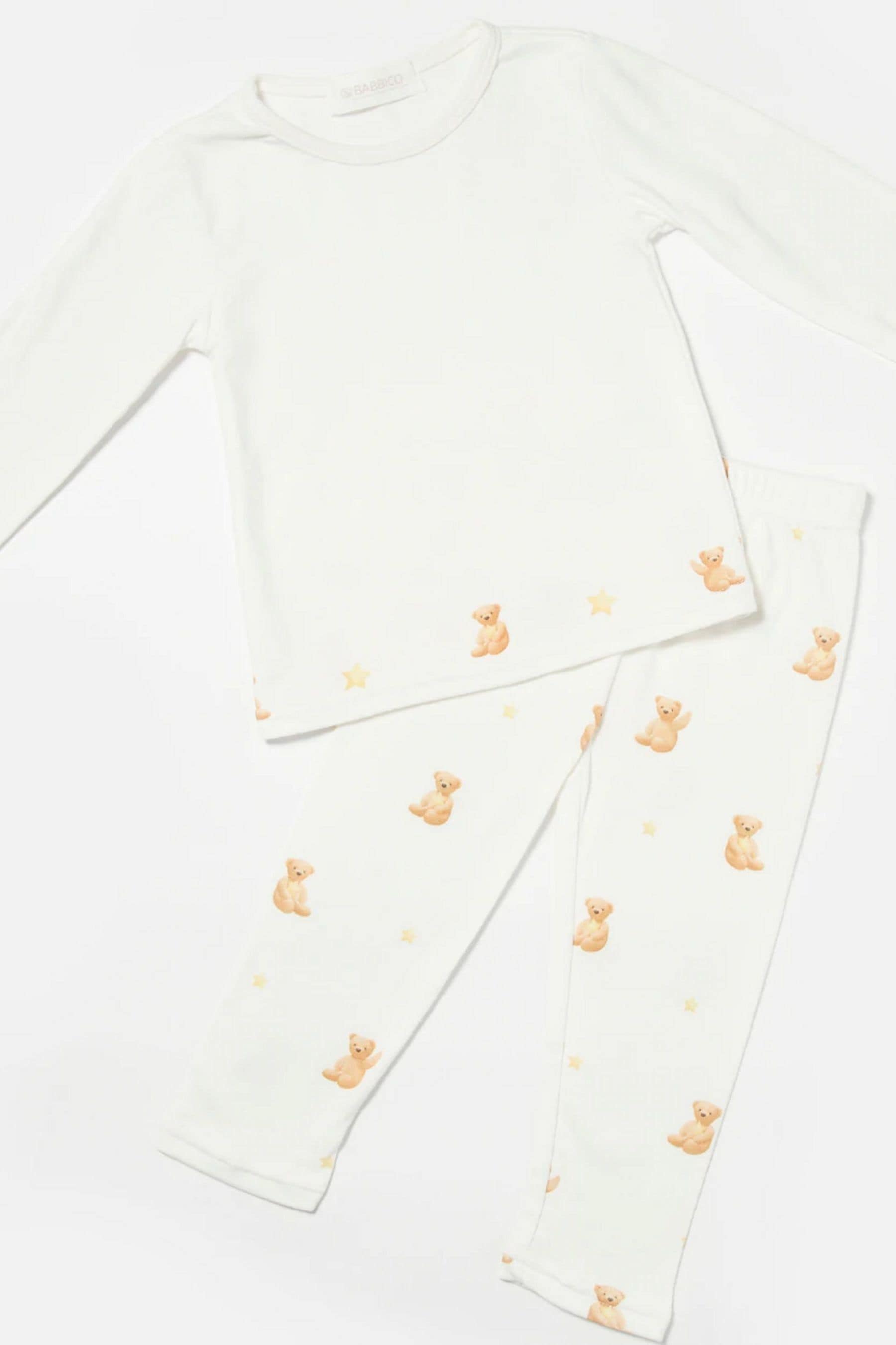 Babbico Teddy Bear Print 100% Cotton White Pyjamas