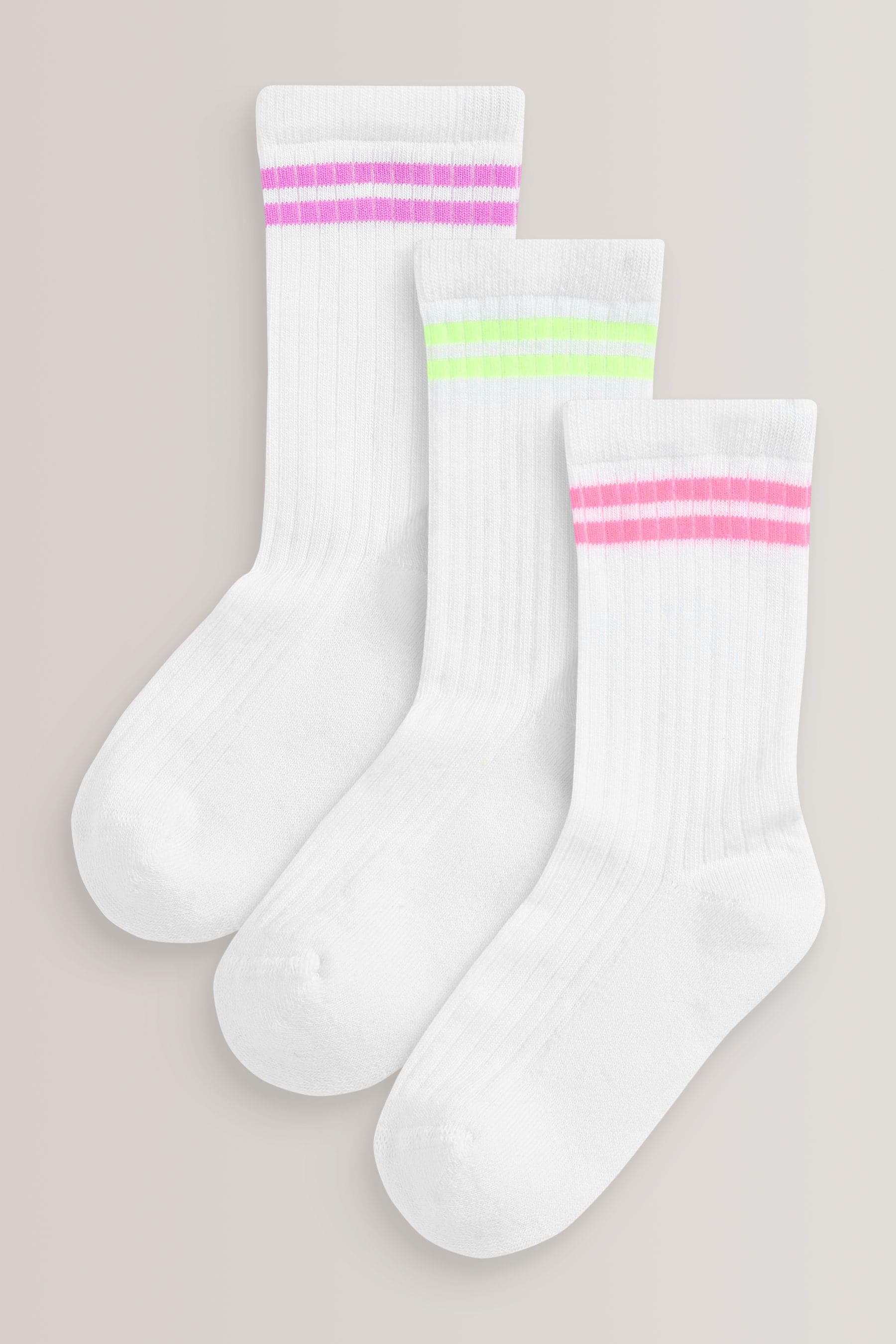 White with fluorescent stripe Cotton Rich Cushioned Sole Ankle Socks 3 Pack